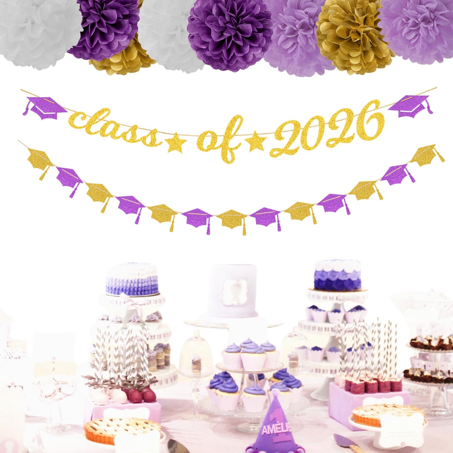 Purple White-Gold Party-Decorations Graduation Banner - 8pcs Kits Class of 2026 Cap Garland Streamers, Paper Tissue Pom Poms Flowers, Congratulations Grad Decor Lasting Surprise