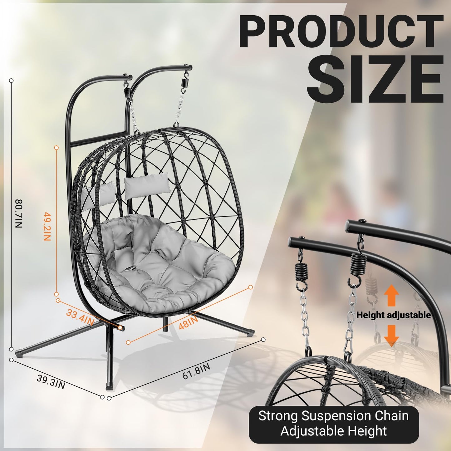 LEVELEVE Double Egg Swing Chair with Stand - 2 Person Outdoor Patio Hanging Wicker Hammock Chair with Cushion, Dark Grey, for Garden, Lawn, Bedroom, Indoor/Outdoor Use