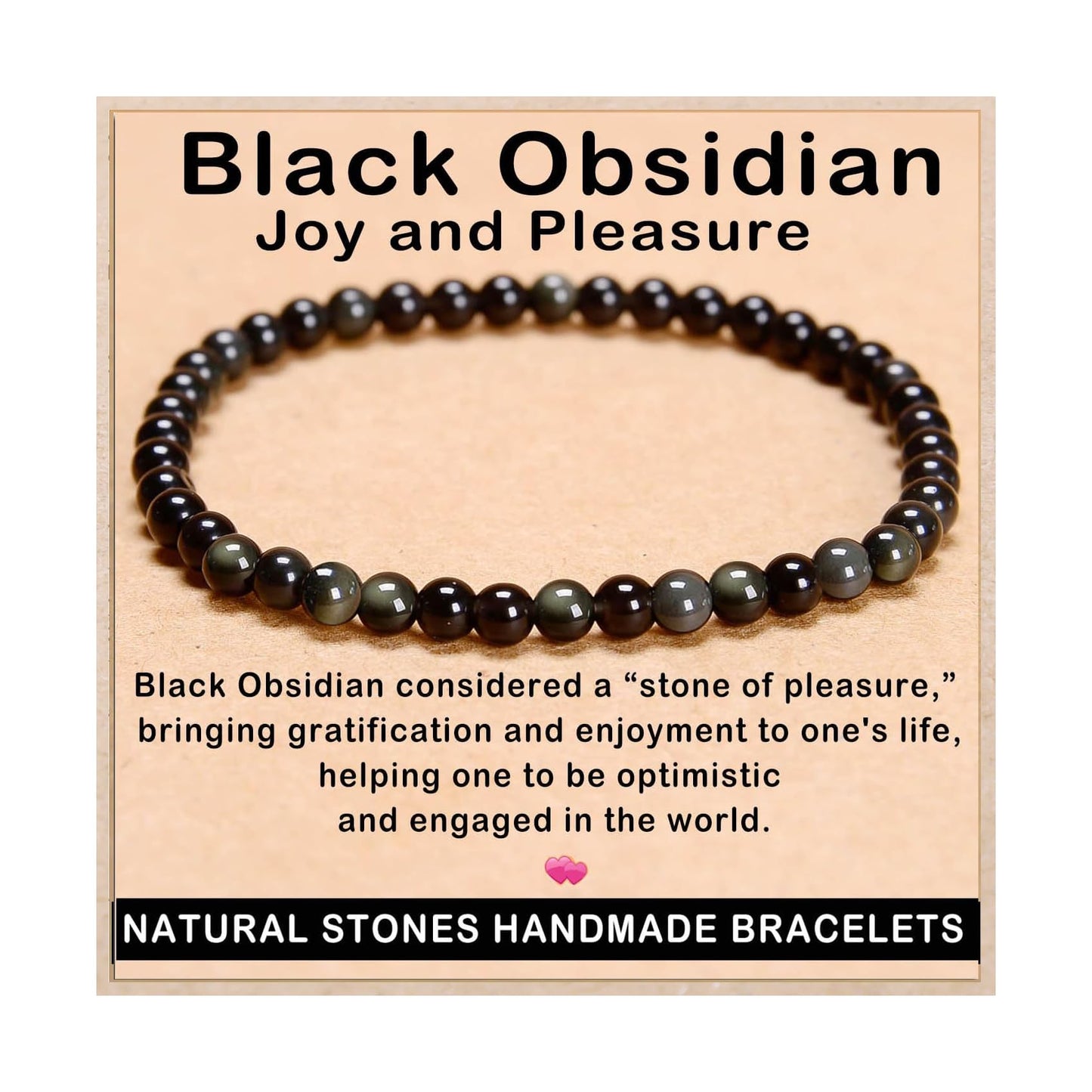 AD Beads Handmade Gemstone Stretch Elastic Bracelet Crystal Healing Reiki Nature's Beauty and Spiritual Essence Unisex (4mm, Black Obsidian (Pleasure))