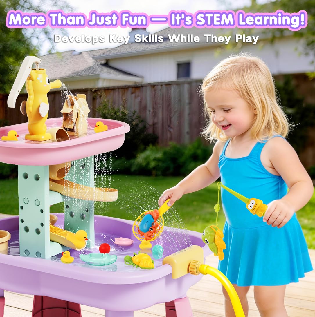 CRATIVWOOD Toddler Water Table for Kids - Sand and Water Table with 28PCS Toy Accessories & Rain Shower Sprinkler, Outdoor Sensory Water Play Table, STEM Toy Summer Gift for Boys Girls Ages 3-8