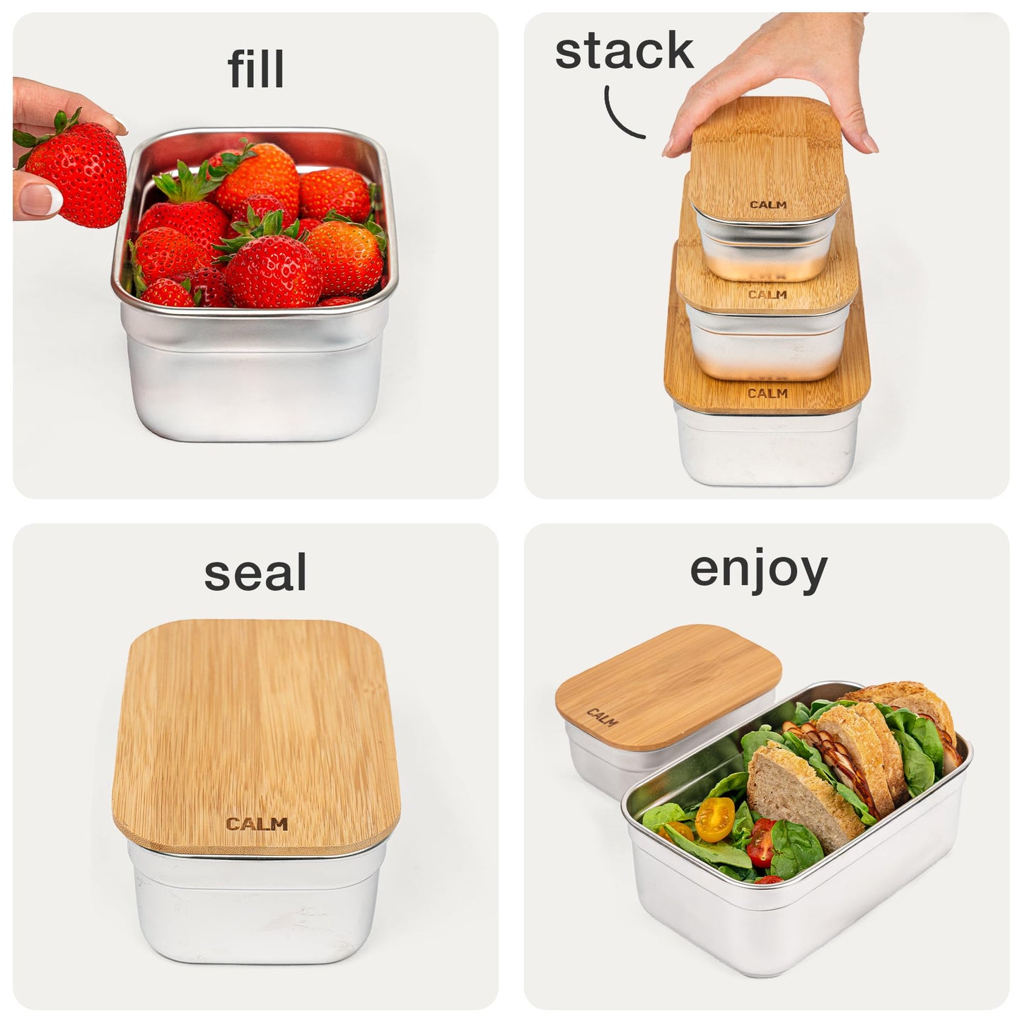 Calm Organics Stainless Steel Food Containers with Bamboo Cutting Board Lids | Set of 3 Reusable Meal Prep Boxes | Airtight Leak-Resistant | Dishwasher Safe | BPA-Free | 2, 4, 6 Cup Sizes