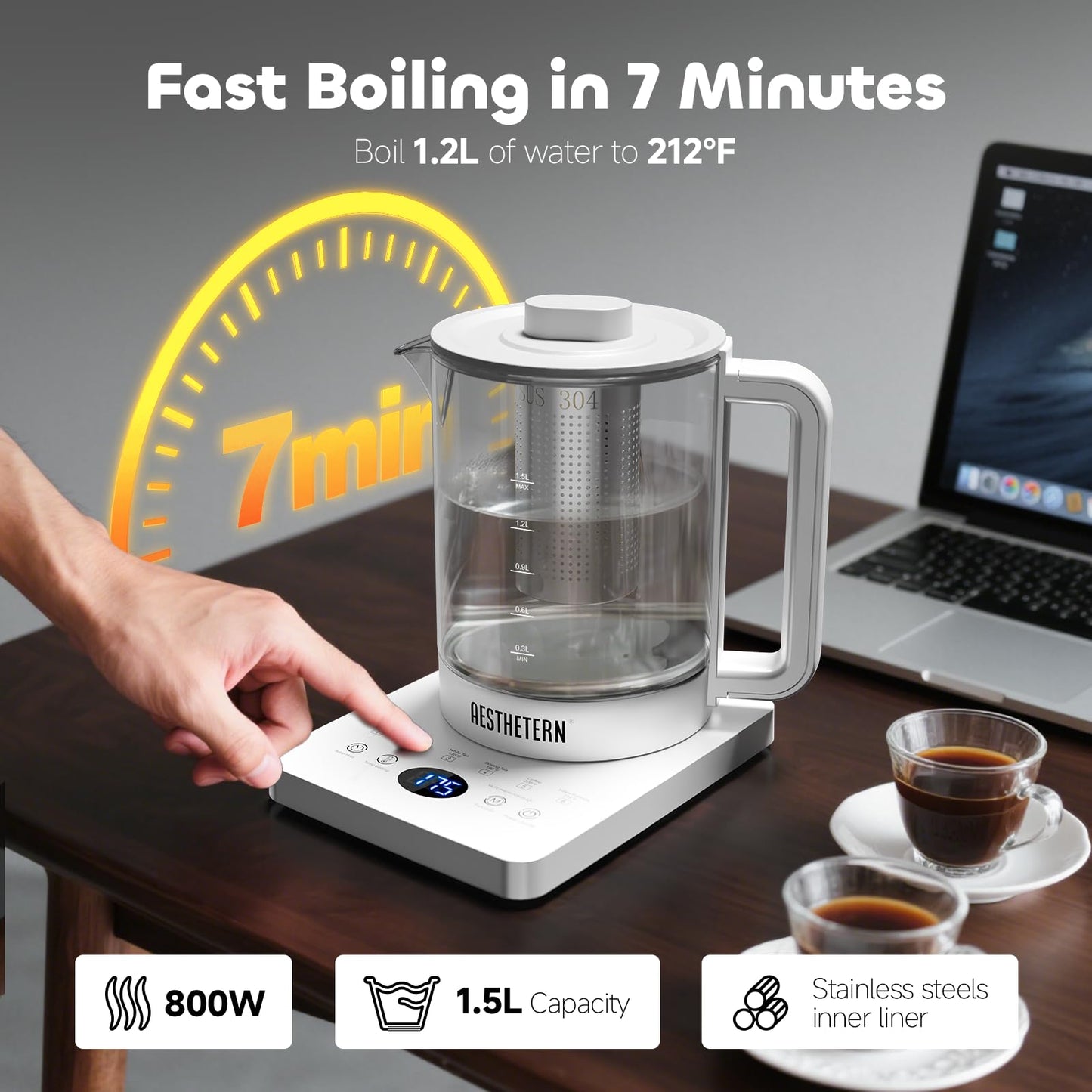 Electric Tea Kettle with Infuser, 1.5L Glass Water Boiler with Temperature Control, 24H Keep Warm & Auto Shut-Off, White