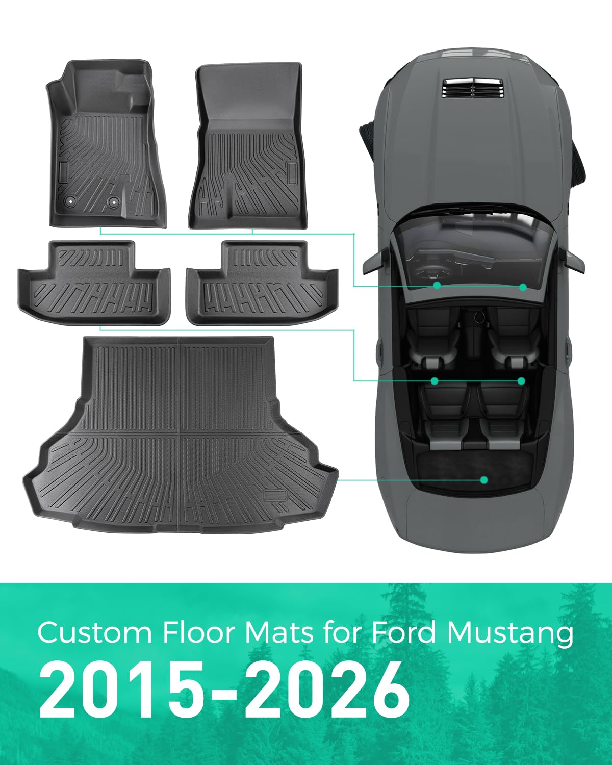 CARxion® for Ford Mustang Floor Mats & Cargo Liner (2015-2024 2025 2026, 5PCS Full Set, Not for Mach-E)