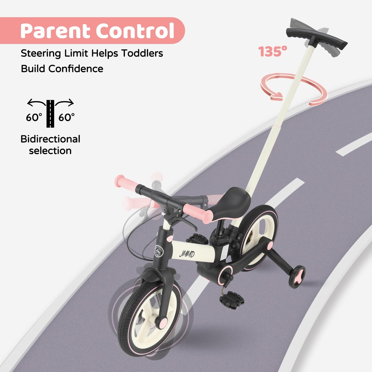 JMMD 6 in 1 Toddler Bike with Push Handle for Kids 18-60 Months, 12" Foldable Balance Bike with Training Wheels, Pedals, Brakes, Kickstand, Push Tricycle Toddler Gift & Toys for Boy & Girl