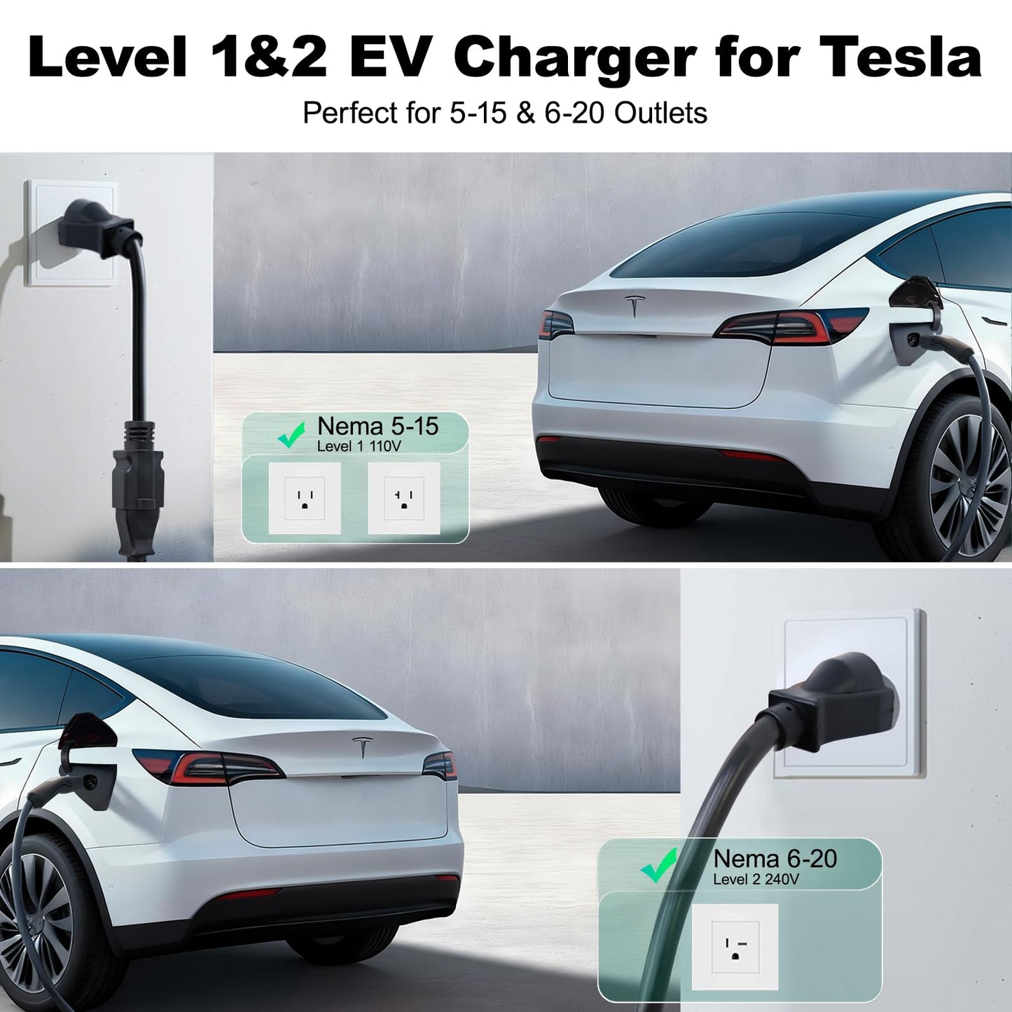 VDLPOWERVP Level 1/2 Tesla Charger 16Amp, Electric Vehicle Portable Charger with 28FT Cable, 3.5KW Home EV Charging Station for All Tesla Models Y/X/3/S,110V-240V, NEMA 6-20 & NEMA 5-15 Plug