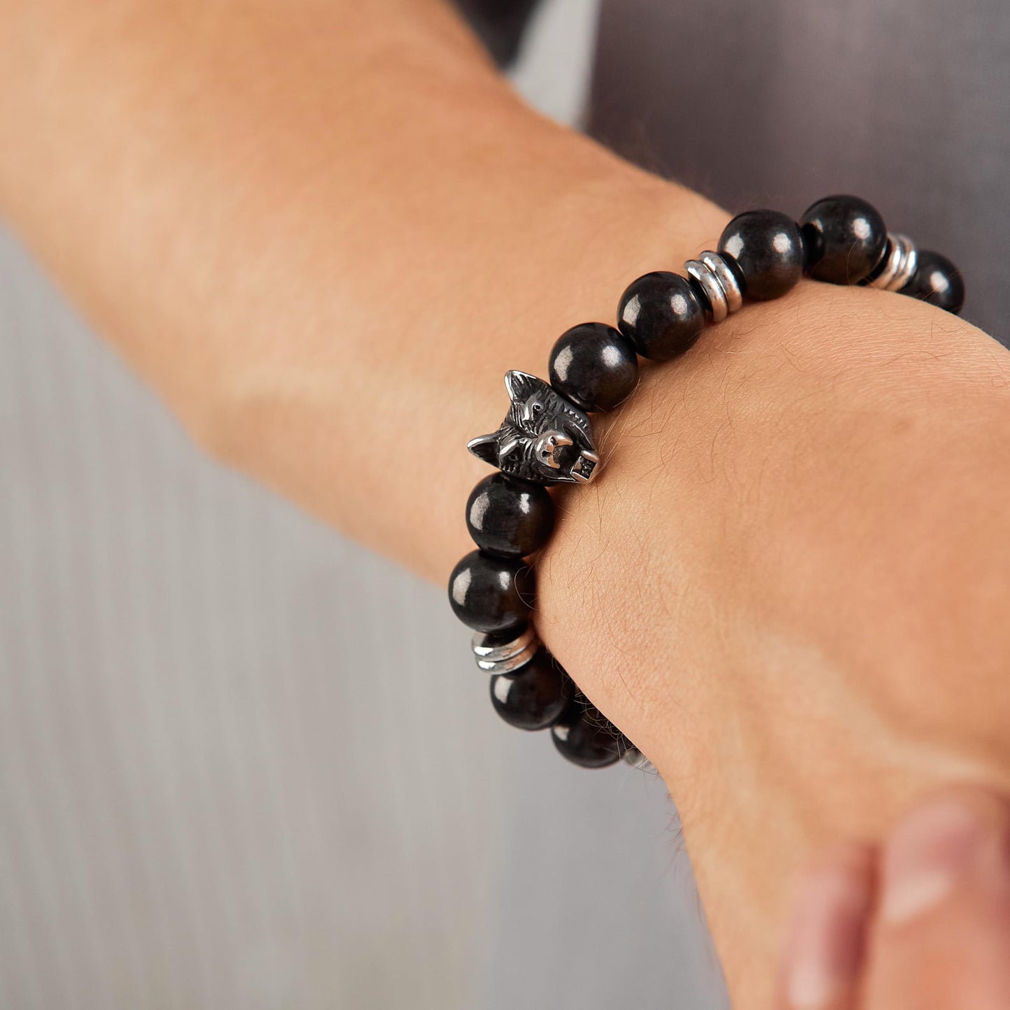 Karelian Heritage Shungite Stone Beaded Bracelet, Handmade for Men, Natural Stones and 7.3 Inch Elastic Stretch Band, Spiritual Chakra Crystal Healing Jewelry (Shungite & Wolf Charm)