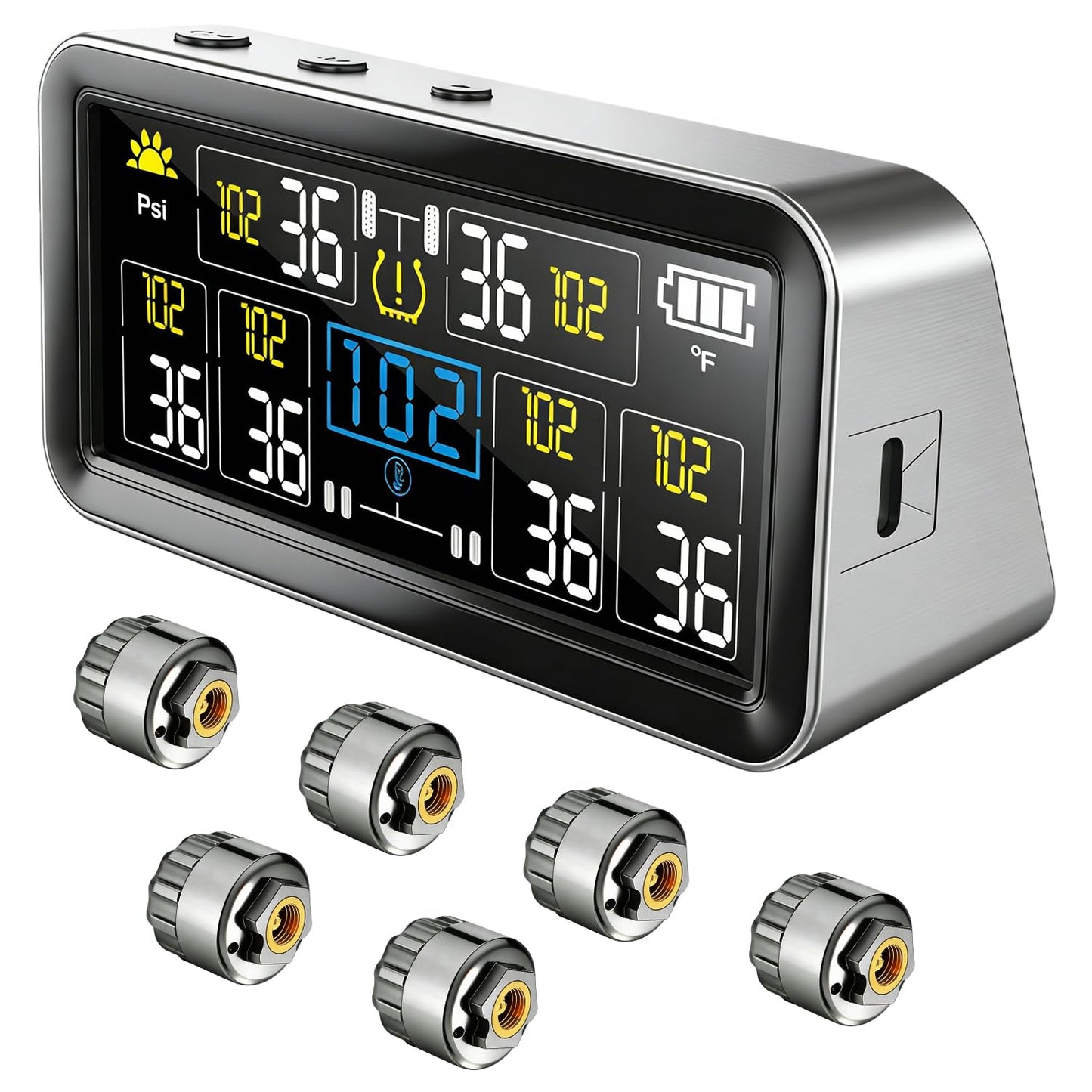 Tire Pressure Monitoring System - RV TPMS with 6 External Sensors & 6 Alert Modes, 4.0" Large LCD Display, Intelligent On/Off Solar TPMS for Trailer Camper SUV Pickup truck Easy to install, 0-144 PSI