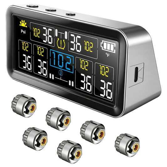 Tire Pressure Monitoring System - RV TPMS with 6 External Sensors & 6 Alert Modes, 4.0" Large LCD Display, Intelligent On/Off Solar TPMS for Trailer Camper SUV Pickup truck Easy to install, 0-144 PSI