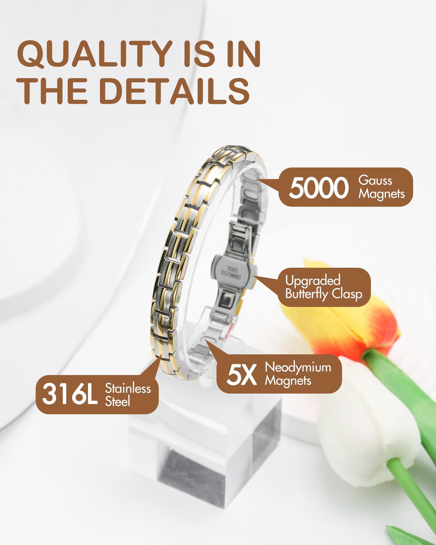 Feraco 5X Strength Magnetic Bracelets for Women, Stainless Steel Magnet Bracelet with Ultra Powerful 5000 Gauss Magnets, Upgraded Butterfly Clasp, Adjustable Jewelry Gift (Silver & Gold)