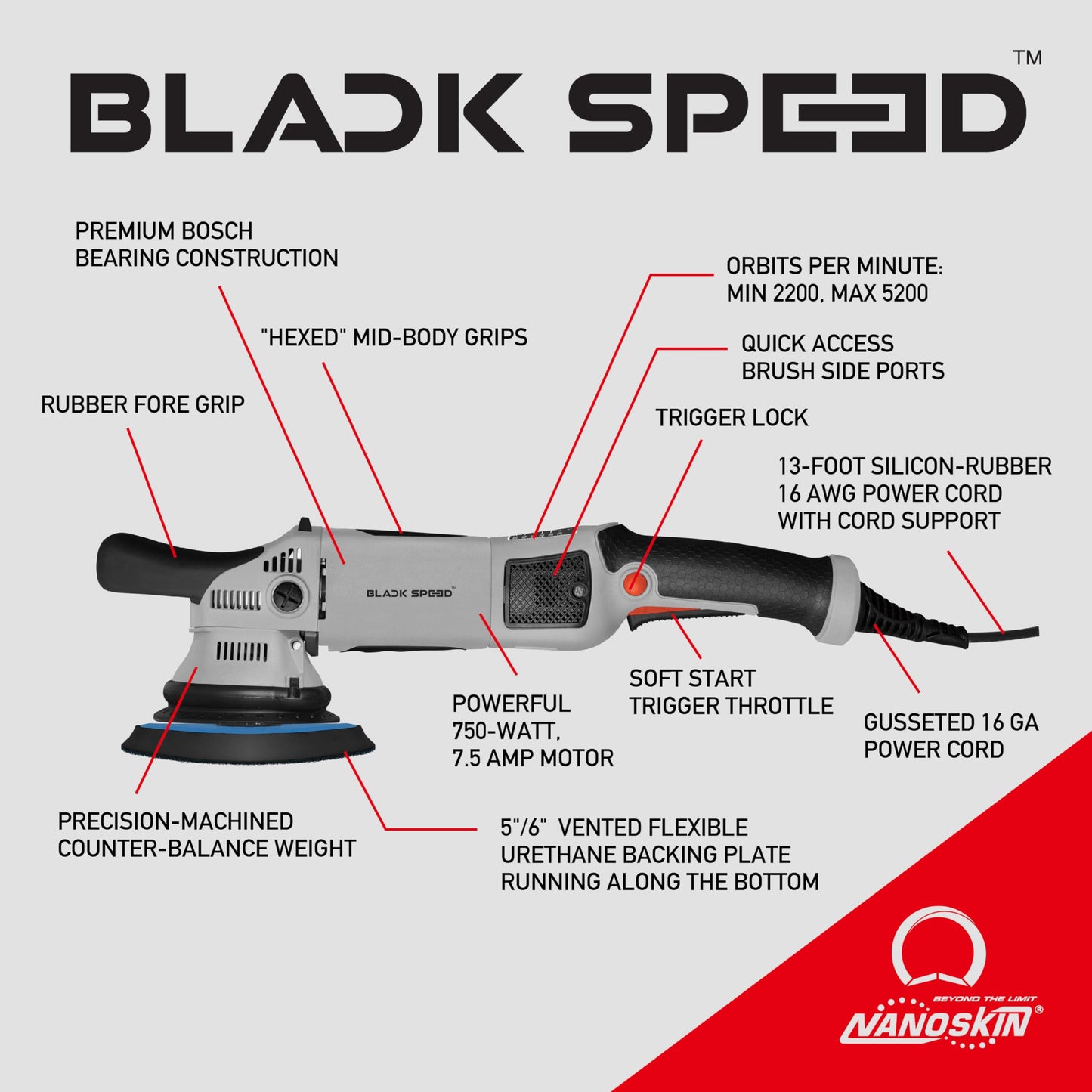 Nanoskin Black Speed 15mm Long-Throw Random Orbital Polisher - 750W, 7.5-Amp Motor, BOSCH™ Bearing Construction, Vented Flexible Backing Plate | For Automotive Paint, Glass, Metal Surfaces Detailing