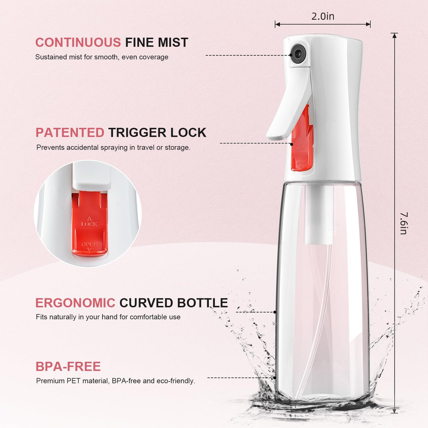 Bepkac Continuous Spray Bottle for Hair – Fine Mist Water Mister, Empty Spray Bottles – Recycled Hair Misting Sprayer for Styling, Cleaning, Plants, Barbers, Salons & More – 2pk 6.1 OZ