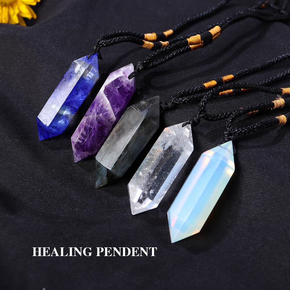 Runyangshi Clear Quartz Healing Crystal Pendants, Double Pointed Natural Crystal Quartz Necklace 6 Faceted Chakra Crystal Wand Stone