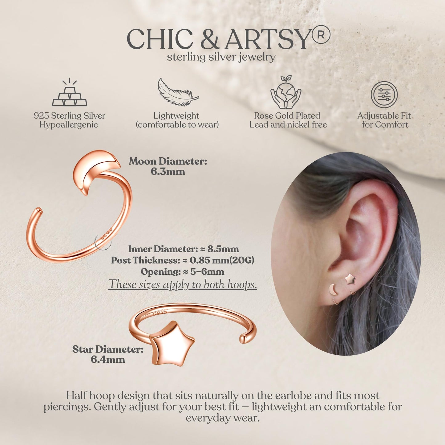 Half Hoop Earrings 18K Rose Gold Plated 925 Sterling Silver Moon Star Half Hoop Earrings Crescent Moon Open Huggie Hoops Little Huggy Earrings for Women 2 Pairs