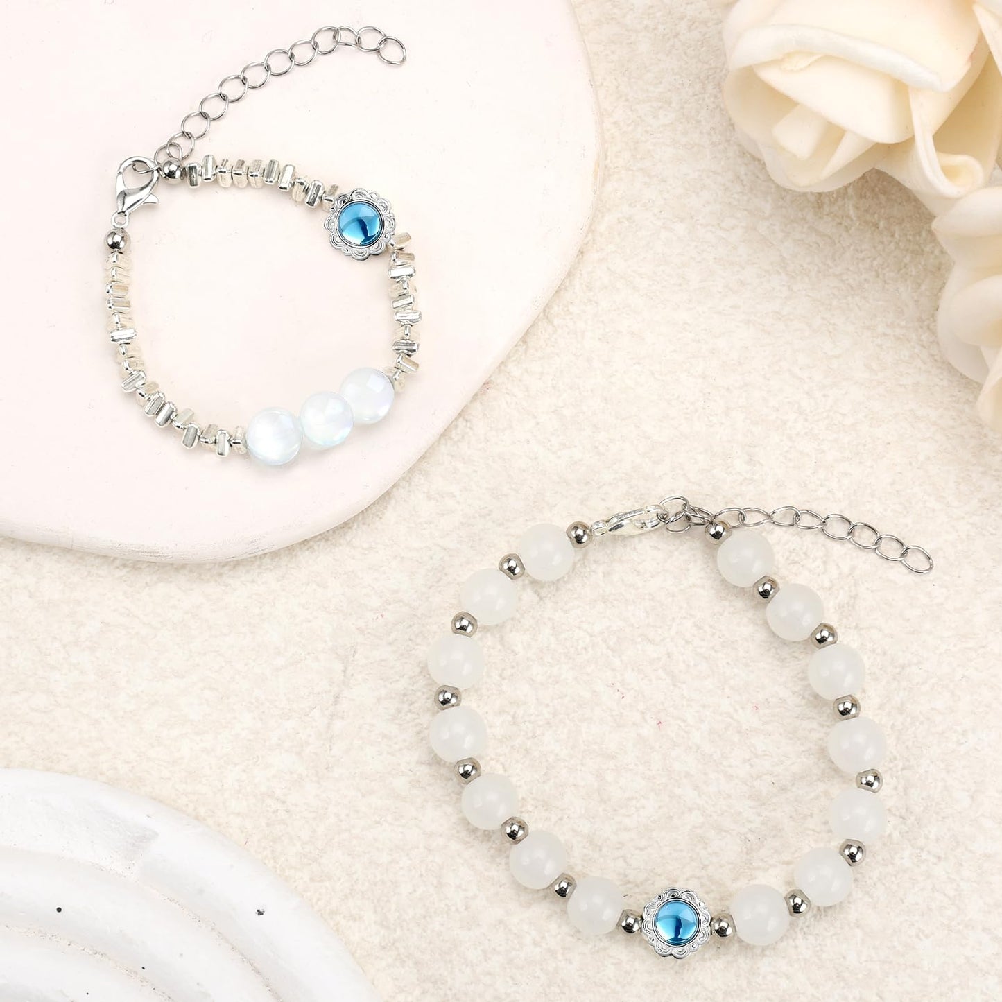 NINATY Beaded Bracelets for Women Dainty White Moonstone Bracelet Adjustable Crushed Silver Bead Bracelet Stretch Trendy Handmade Elastic Bracelets Statement Jewelry Gifts for Christmas Birthday Party