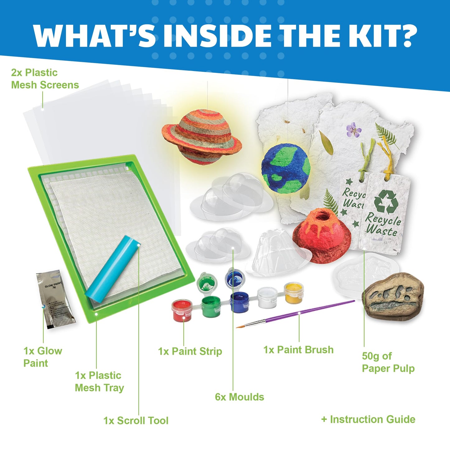 Earth Day Green Science - Paper Making Kit - Recycle and Create Your Own - Paper Making Screen - Green DIY Craft Stem Toys Kit for Kids - Includes Molds, Paints, and Glow-in-the-Dark Features