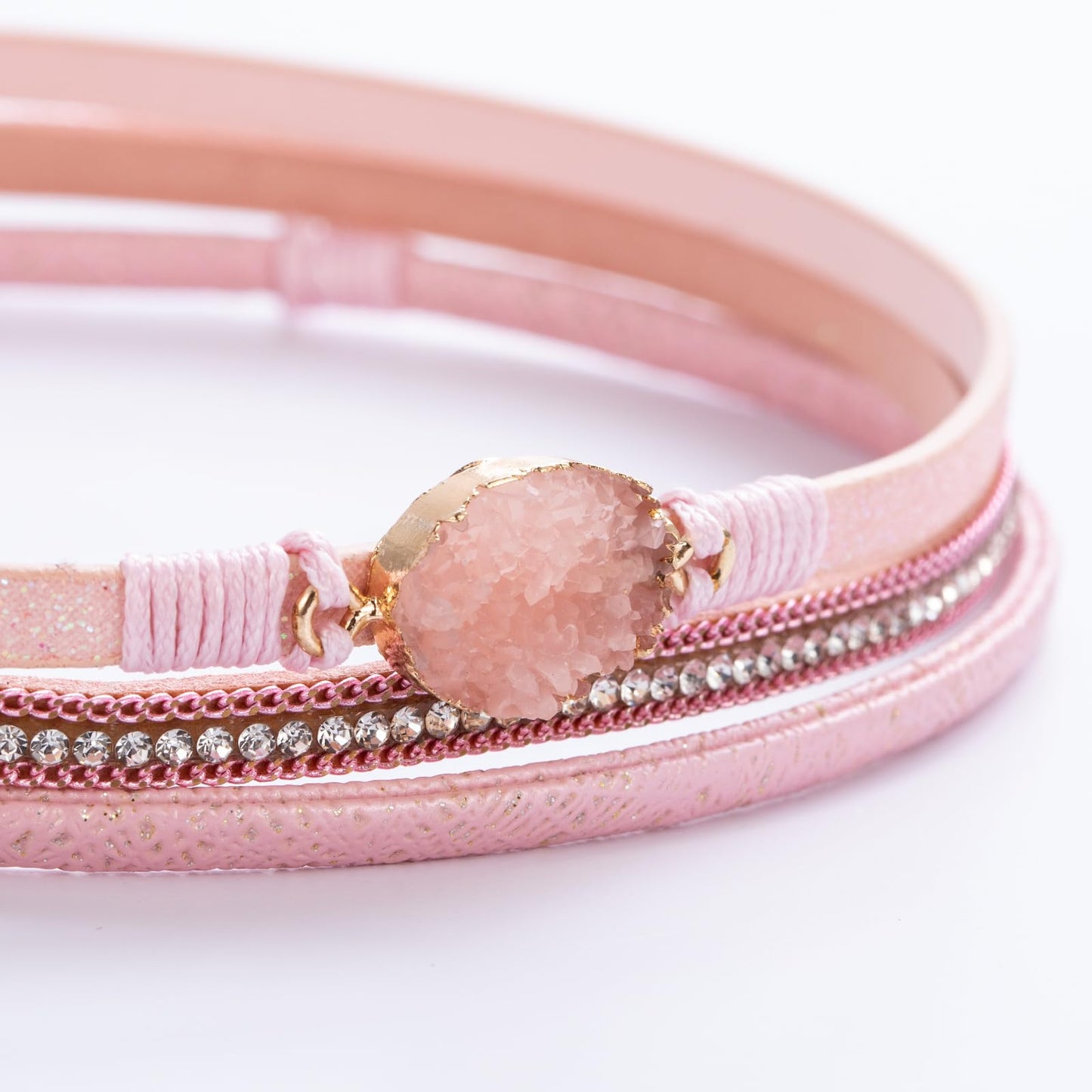 FANCY SHINY Boho Leather Wrap Bracelet Stackable Chunky Crystal Cuff Bracelets with Magnetic Clasp Cowboy Cowgirl Western Summer Beach Outfits Jewelry Gifts for Women (14.7", Pink)