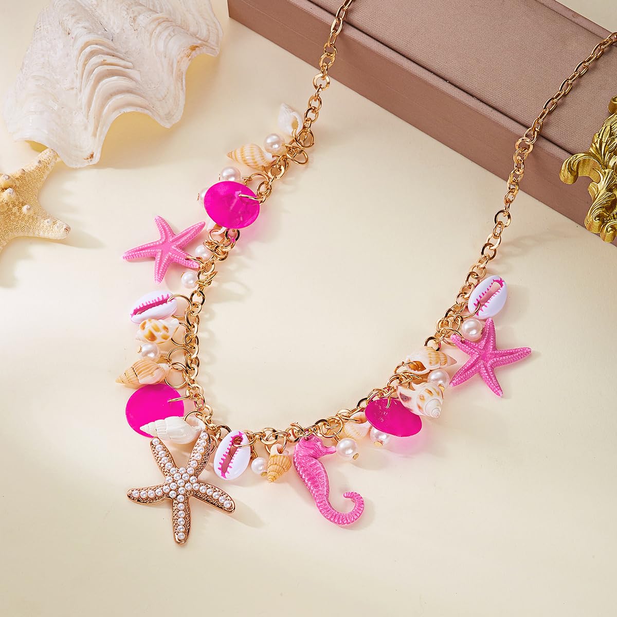 MIFYNN Starfish Shell Pendant Necklace for Women Conch Seahorse Charm Necklace Boho Beach Accessories Summer Tropical Ocean Jewelr Dainty Coastal Jewelry for Women Summer Birthday Gift (Pink)