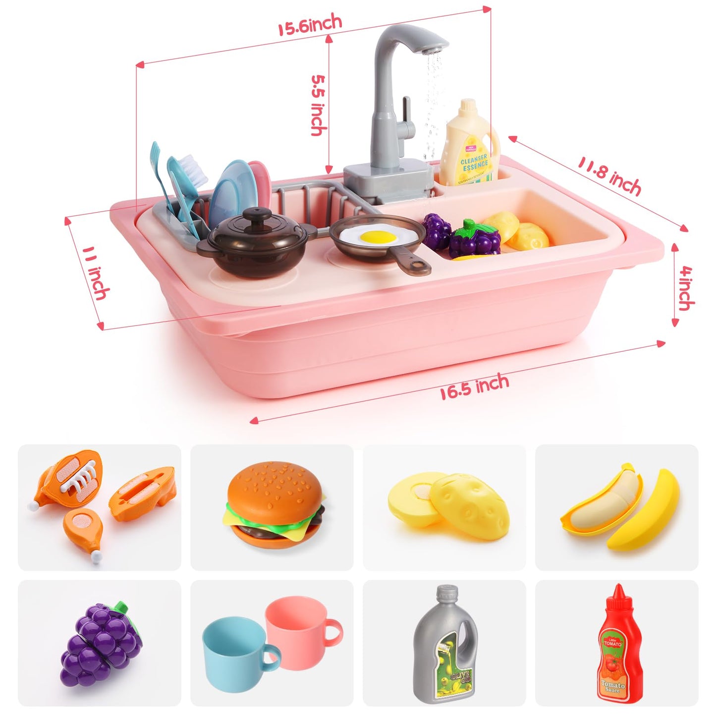 Asweets Color Changing Kitchen Sink Toys, Toddler Sink Toys with Running Water, Pretend Play Toys with Upgraded Faucet, Automatic Water Cycle System (Pink)