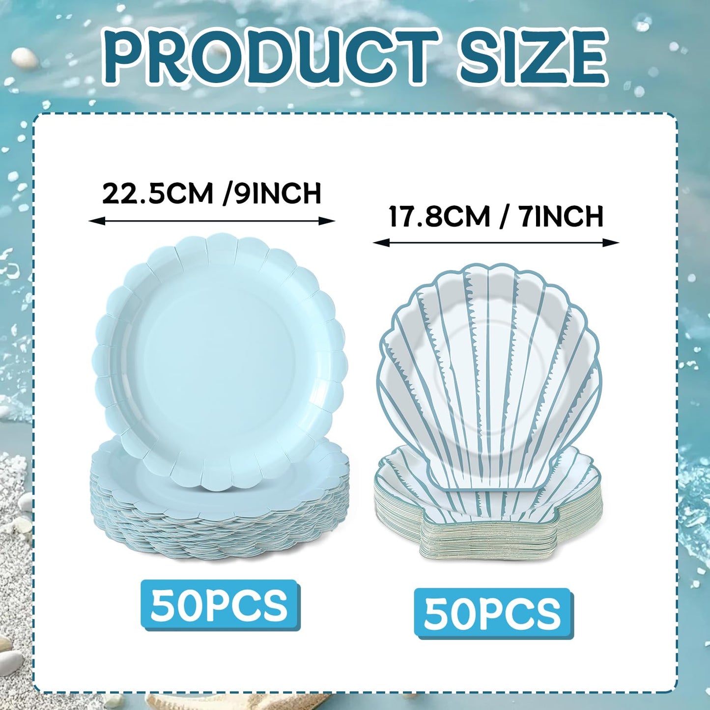 Ferrochef 100 Pcs Ocean Seashell Party Plates Supplies Set 7'' Seashell Disposable Paper Plates 9'' Floral Shaped Paper Plate for Summer Coastal Beach Mermaid Themed Birthday Baby Shower Decoration