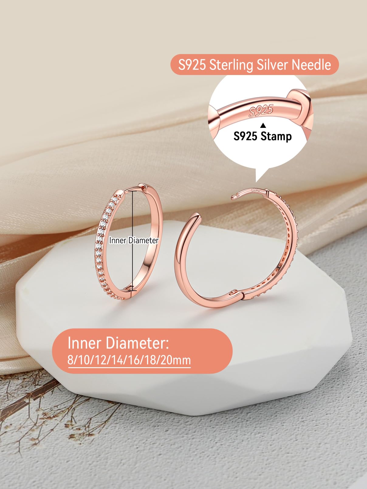 FaithHeart Cubic Zirconia Hoop Earrings for Women, Rose Gold Hypoallergenic Huggie Hoop Earrings, Small Cartilage Earrings for Women 18mm, Send Gift Box