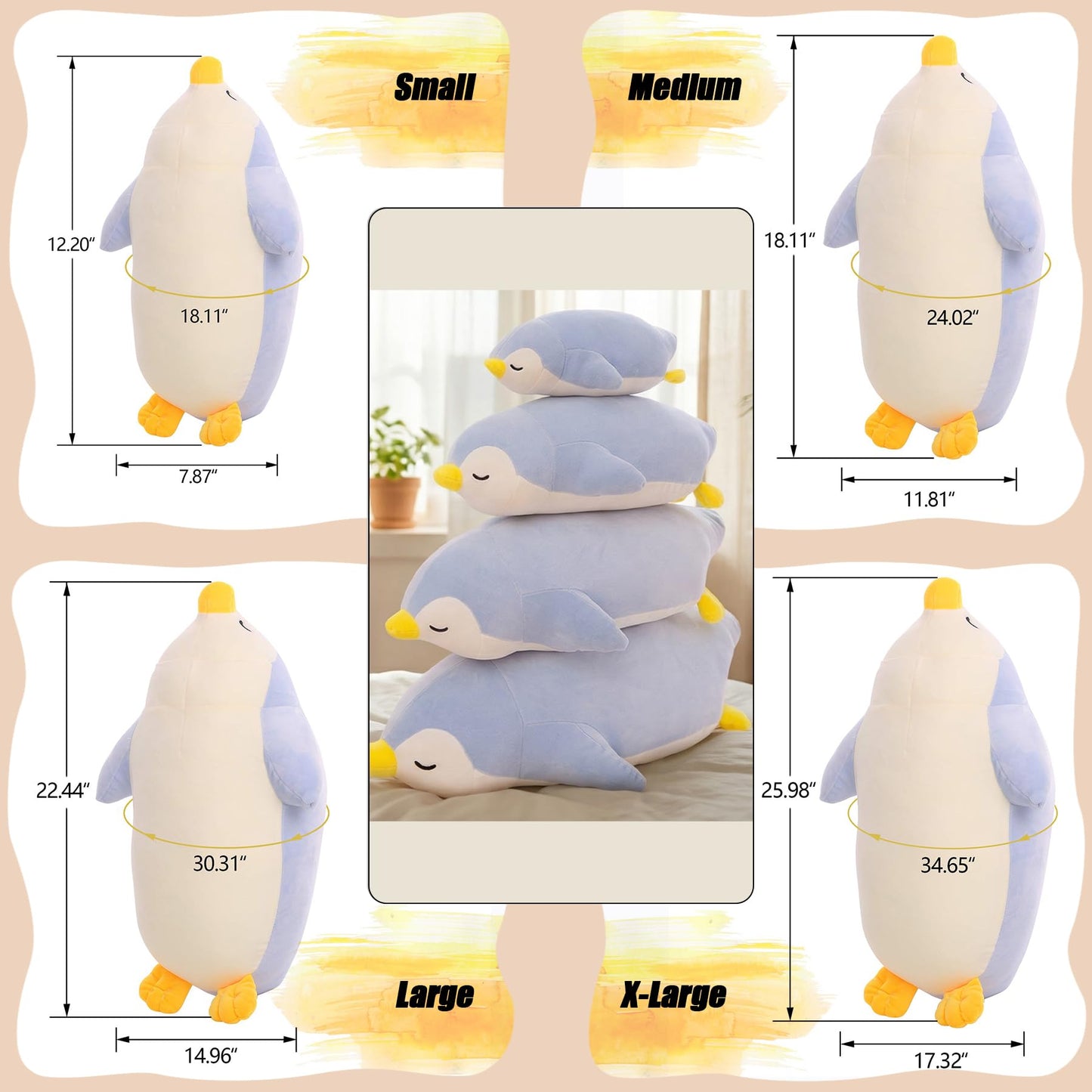DENTRUN Penguin Stuffed Animals Bulk, Cute Penguin Plush Doll Play Toys for Kids Girls Boys Adults Birthday Xmas Halloween Present Adorable Soft Plushies, 12.20/18.11/22.44/25.98 Inchs, Blue, Black