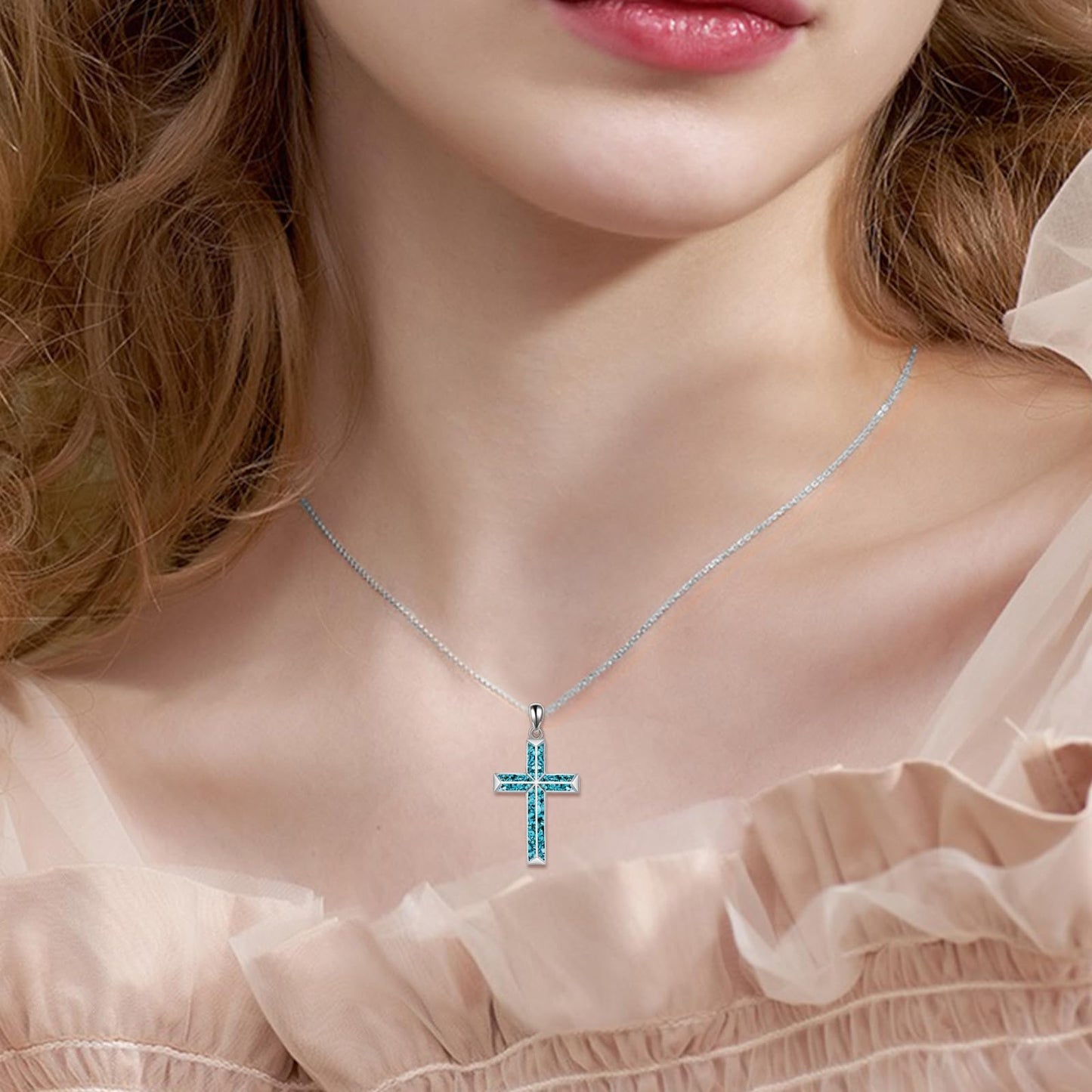 ONEFINITY Religious Cross Pendant Necklace Sterling Silver Origami Cross Pendant Gifts for Women Men Jewelry (B-Turquoise)
