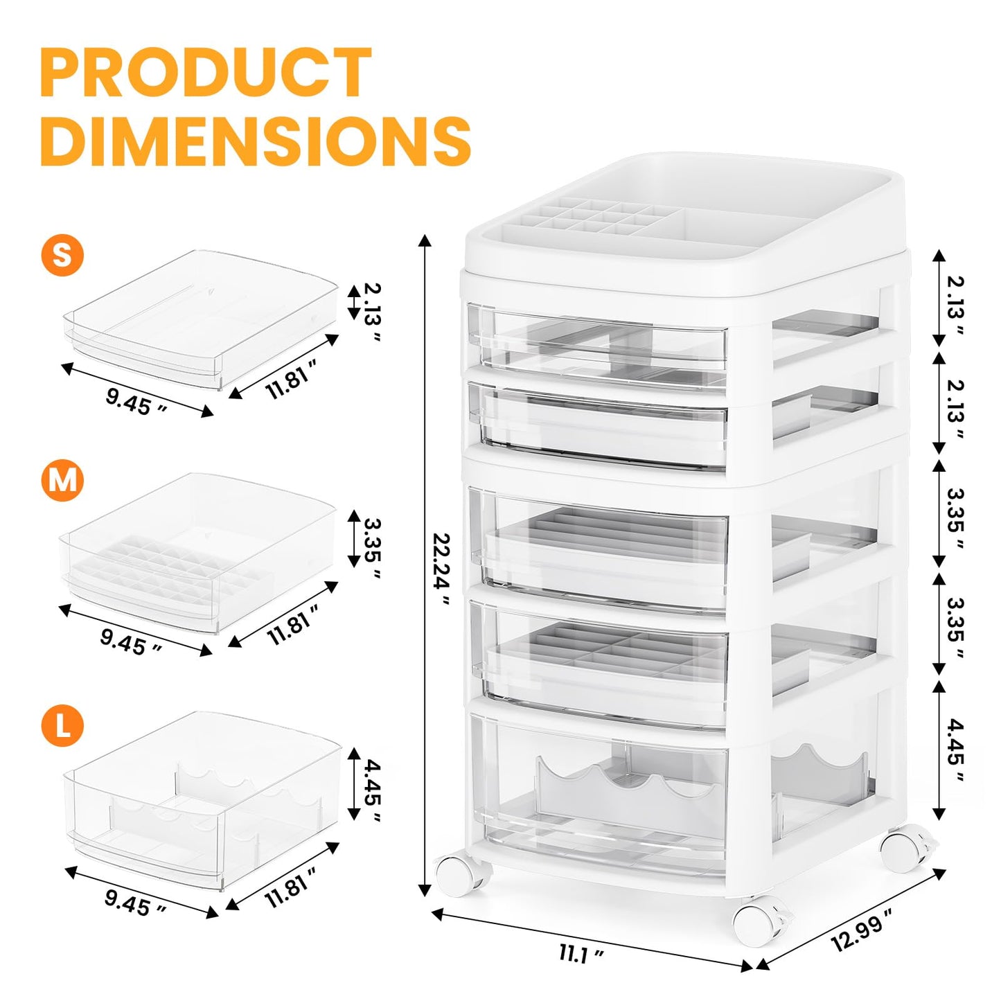 Rolling Cart with 5 Drawers, Clear Plastic Drawer Organizers, Dust Proof Under Desk Storage for Makeup, Skincare, Art Crafts and Baby Items, Acrylic Cosmetic Organizer with Dividers, Vanity Cart