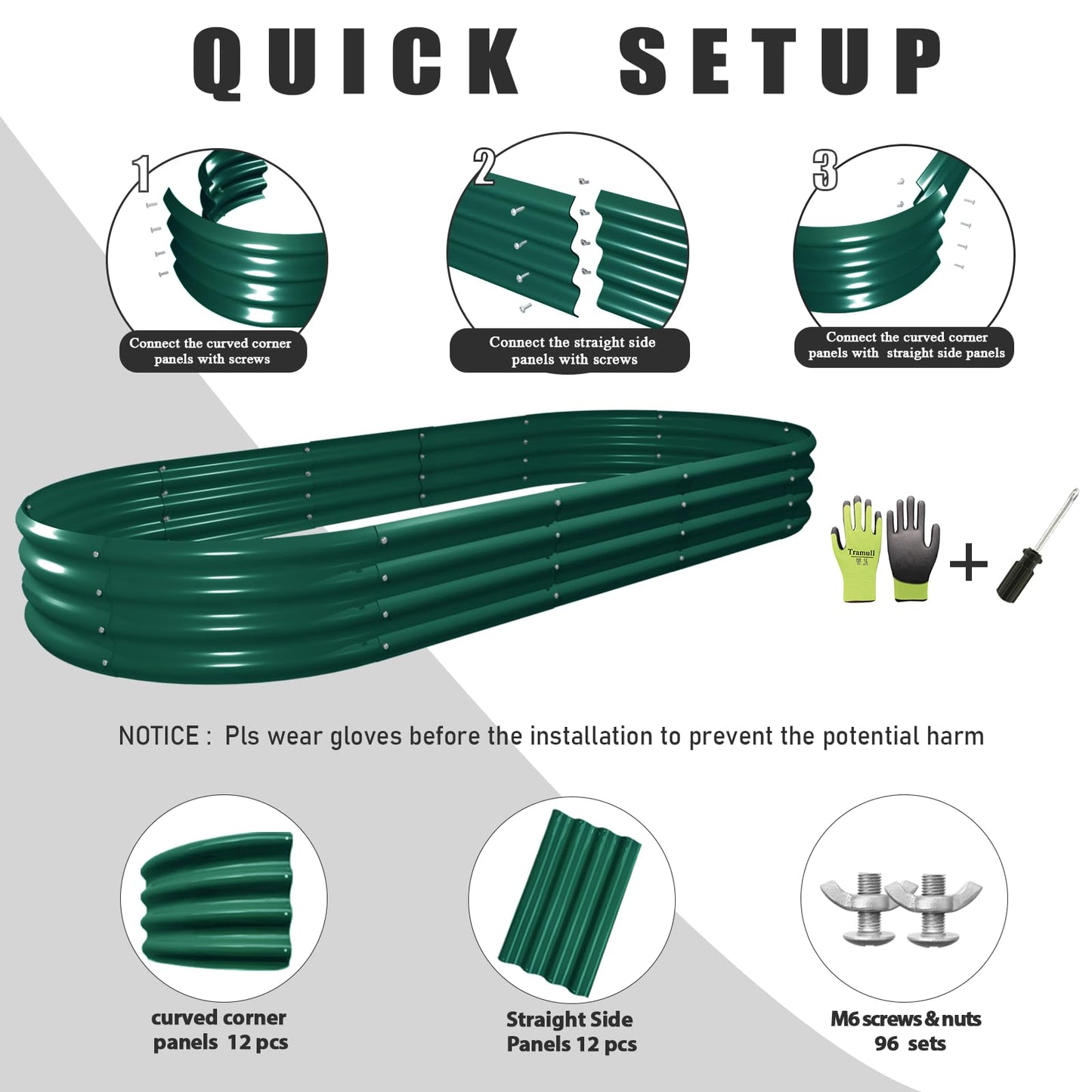 Tramull 6 Pack 8x3x1FT Galvanized Raised Garden Bed Kit Oval Metal Ground Planter Box Outdoor Bottomless Planter Raised Beds for Vegetables Flowers Herbs Fruits, Green