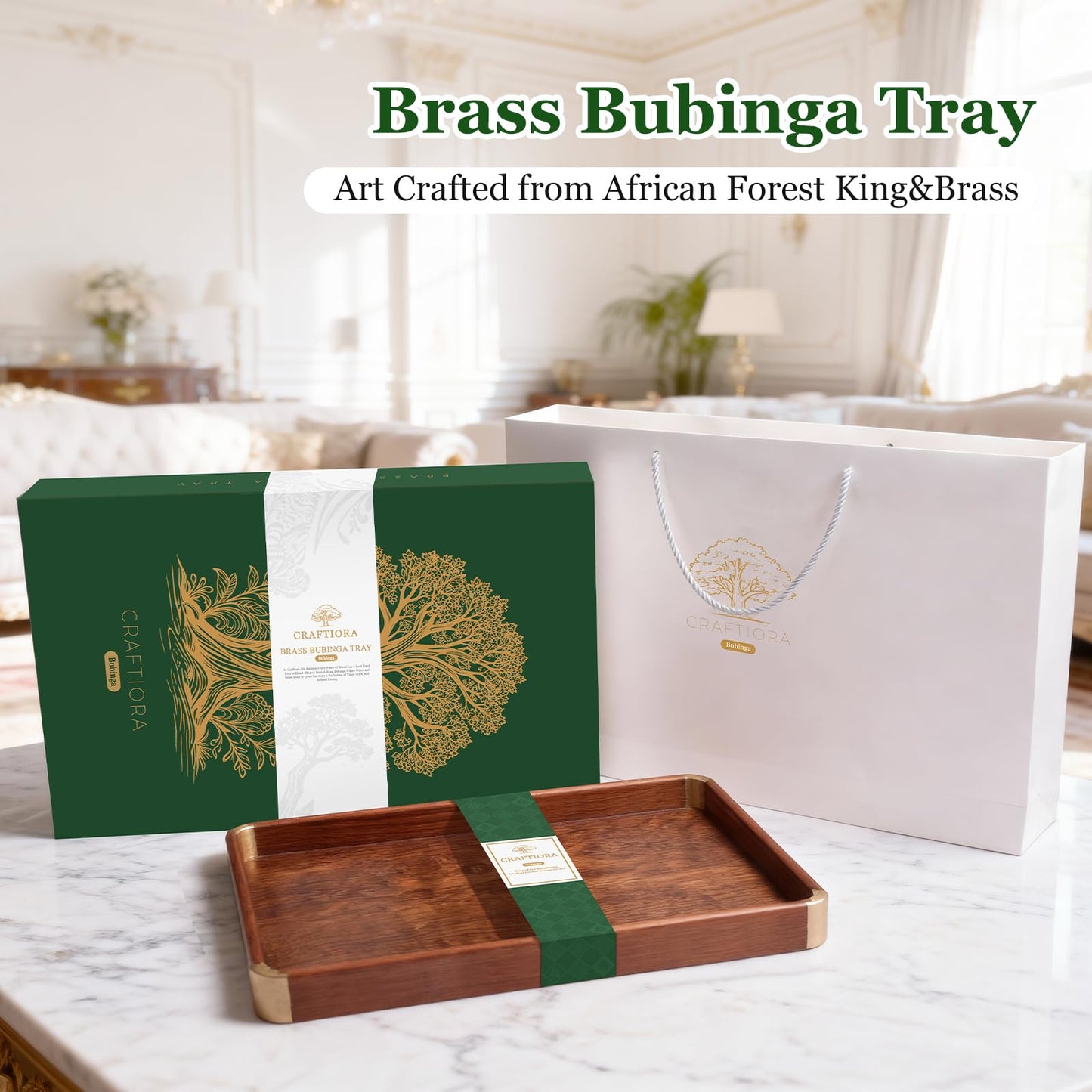 Bubinga Wood Serving Tray, 14.5"x9.8" Decorative Tray with Brass Corners, Luxury Home Decor for Coffee Table, Kitchen & Living Room, Housewarming Gifts for New Home, Wedding & Bridal Shower Gift