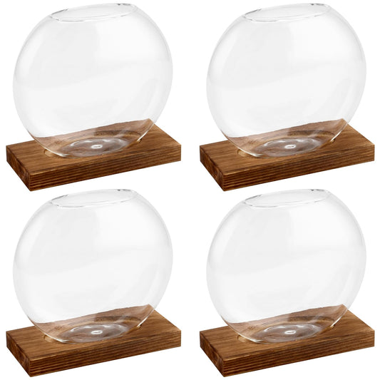 HAKZEON 4 Pack Desktop Round Glass Planter Hydroponics Vase, Glass Planter Terrarium Flower Vase with Wooden Stand, Propagated Plant Jars for Plants, Flower, Home Office Desktop Decor