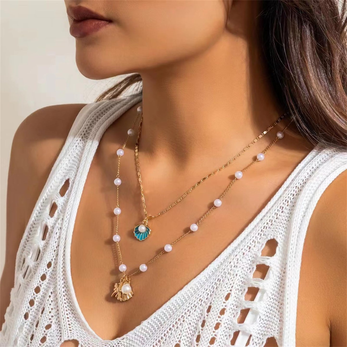 Boho Starfish Seashell Layered Necklace Gold Silver Plated Dainty Charm Double Layer Sea Shell Lucky Stars Ocean Animal Chain Necklace for Women Hawaiian Summer Beach Vacation Jewelry Gifts (Blue)