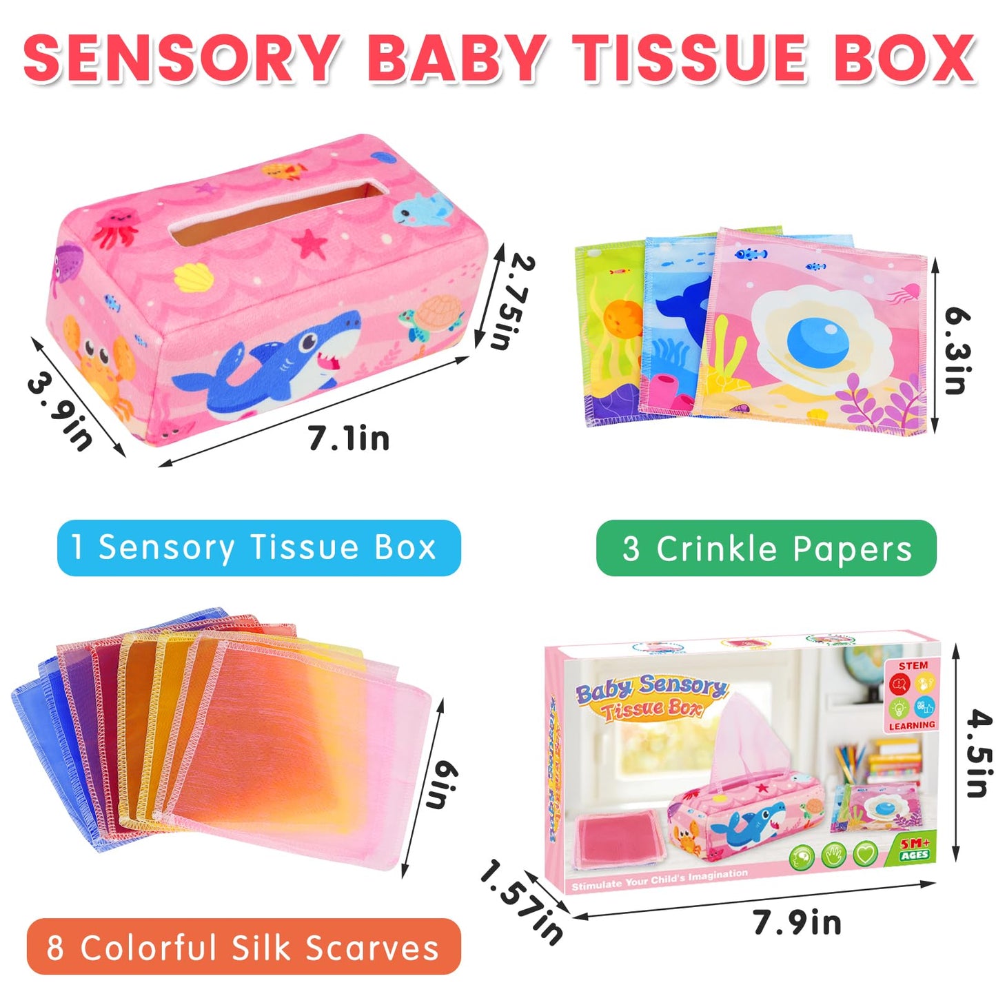 Aiduy Baby Tissue Box Toy - Baby Girl Toys Montessori Toys for Babies 6-12 Months - Soft Stuffed High Contrast Crinkle Infant Sensory Toy 6 7 8 9 10 11 12 Months Old Gifts Pink