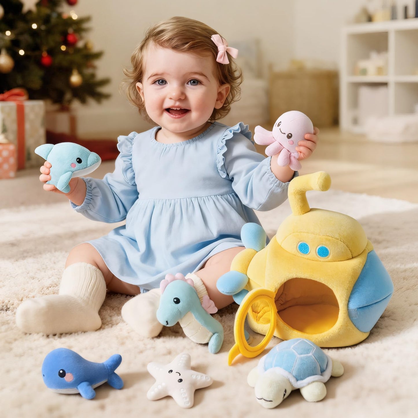 bopopo Submarine & Ocean Animals Baby Toys 6-12 Month, Sensory Toy Set with Whale, Dolphin, Starfish, Octopus, Turtle, Seahorse, Soft Montessori Toys for Infants 0-3