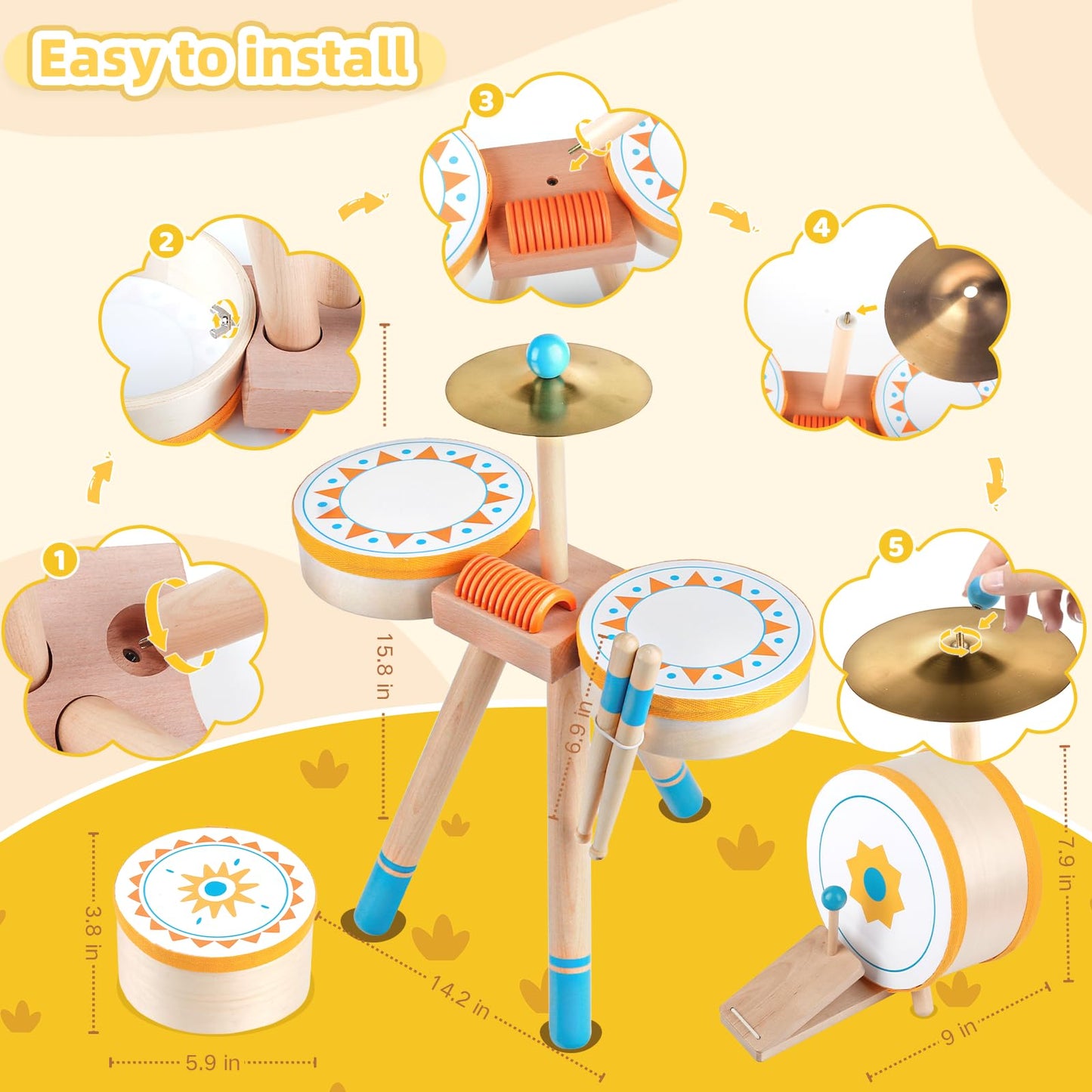 Toddlers Drum Set Toy for 3 Years Old ,Kids Wooden Jazz Drum for Toddlers Montessori Musical Instruments for Boy Girl, Percussion Set Baby Musical Toys, Birthday Gift for 3+ Kids Baby