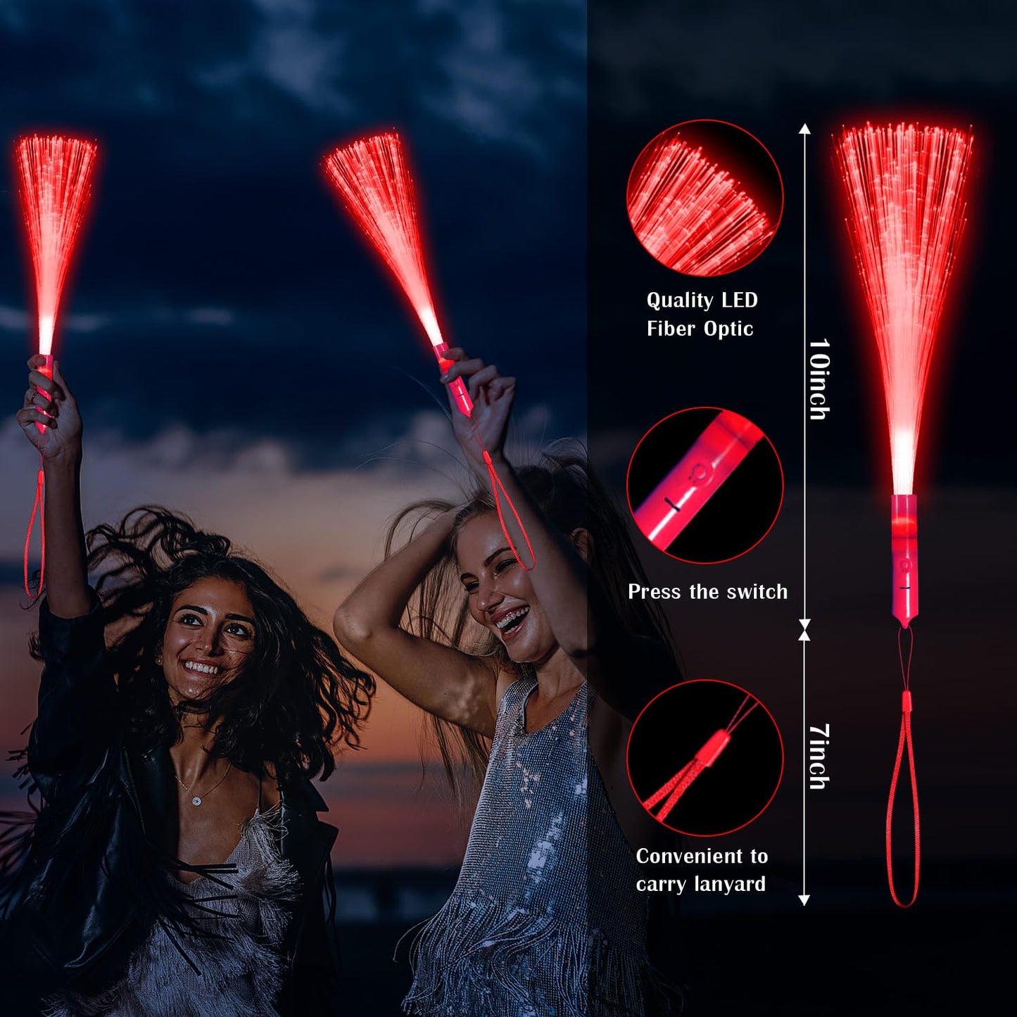 YOFOBU 60 Pack Red Fiber Optic Wands Glow Fiber Wands Bulk LED Light Up Wands with 3 Flashing Modes LED Flashing Sticks for July 4th Halloween Christmas Valentine's Day Wedding Birthday