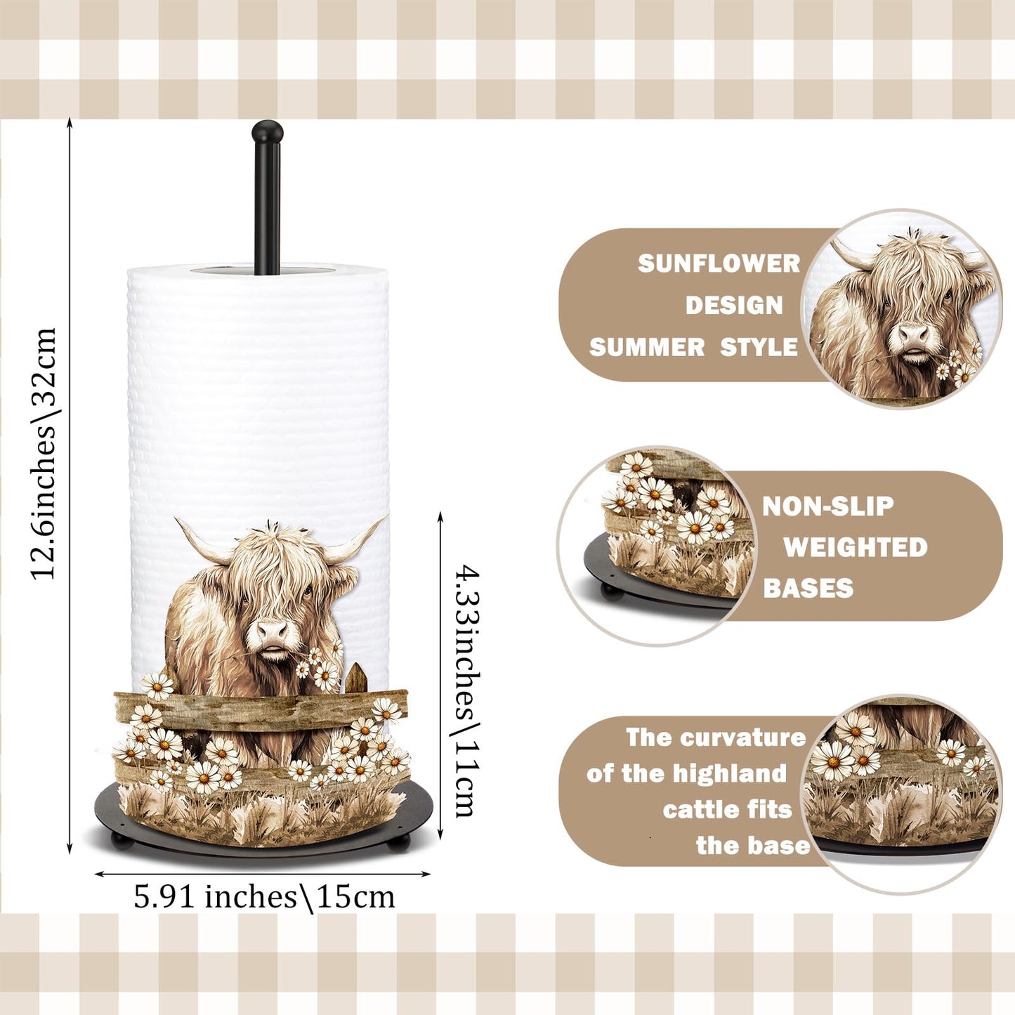 Shimeyao Highland Cow Metal Paper Towel Holder Farmhouse Highland Cow Kitchen Decor Accessories Large Metal Towel Holder Stand for Kitchen Bathroom Home(Rustic)