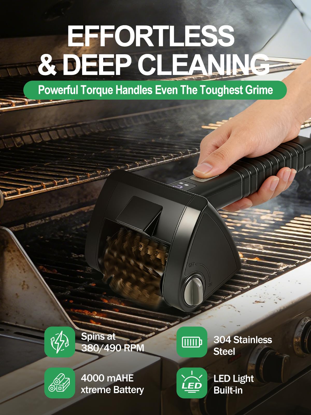 Electric Rotary Grill Brush for Outdoor Grill - Two Speed Automatic Cleaner with 304 Removable Stainless Steel Head, BBQ Grate & Outdoor Cordless Rechargeable Grill Cleaning Tool for BBQ, Home
