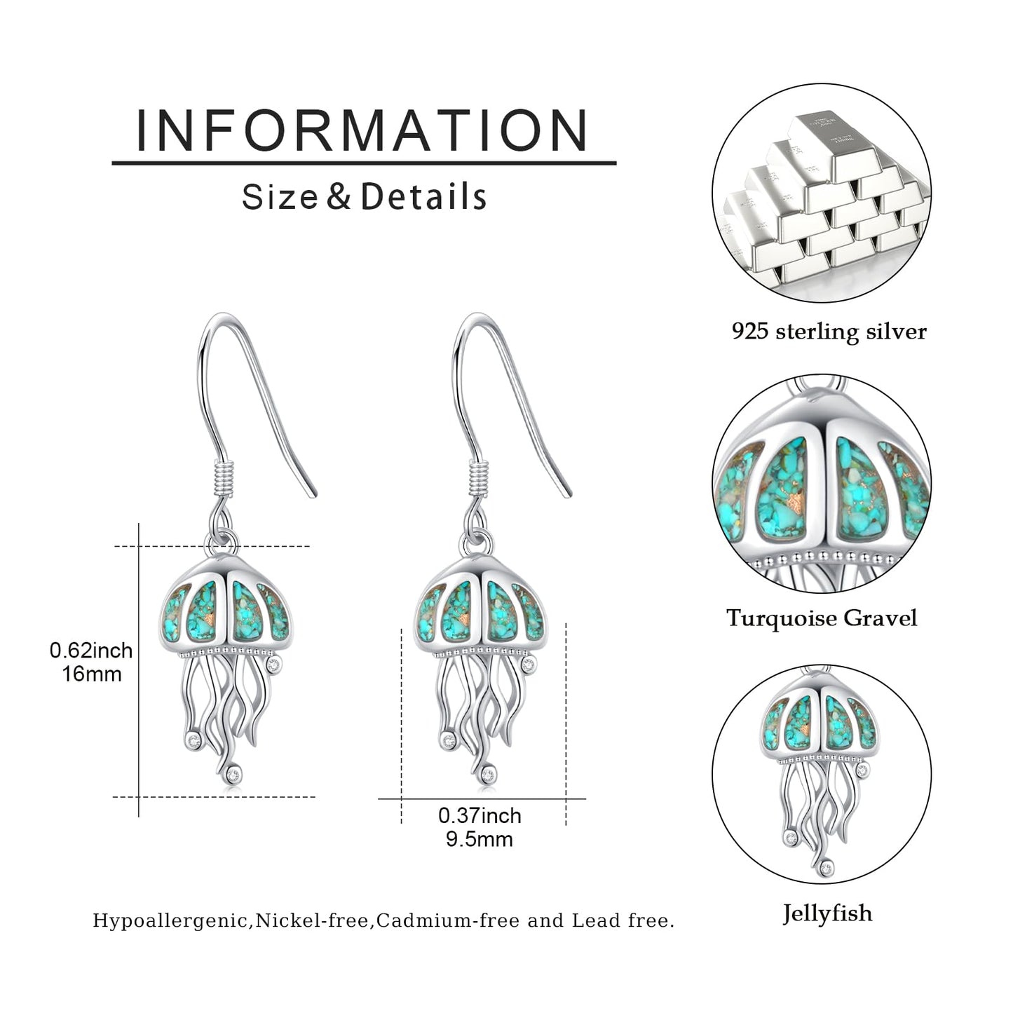 Jellyfish Earrings for Women 925 Sterling Silver Turquoise Jellyfish Dangle Drop Earrings Beach Themed Ocean Jewelry Gifts for Friends