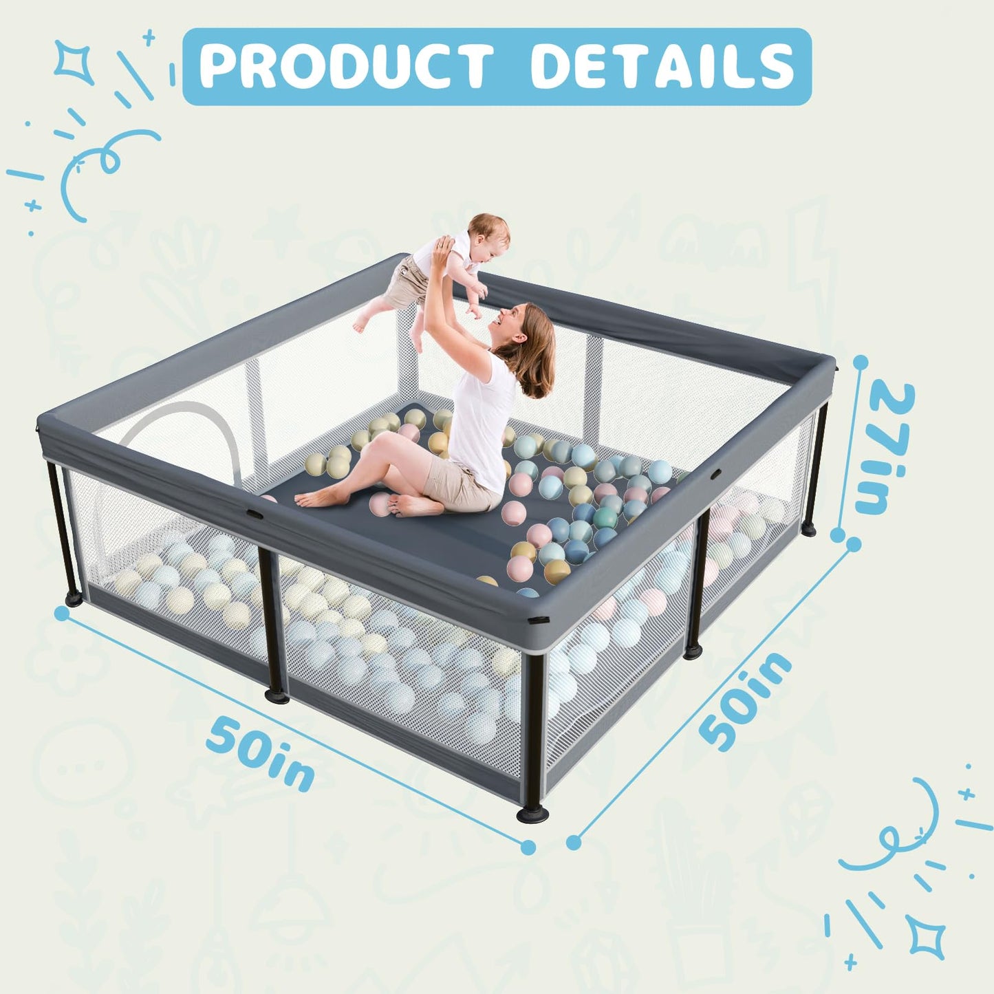 TOREVSIOR Foldable Baby Playpen with Mat, 50"×50" Collapsible Play Pen for Babies and Toddlers, Indoor & Outdoor Kids Safety Play Pen, Portable Play Yard, Foldable Baby Playpen with 50 Ocean Balls