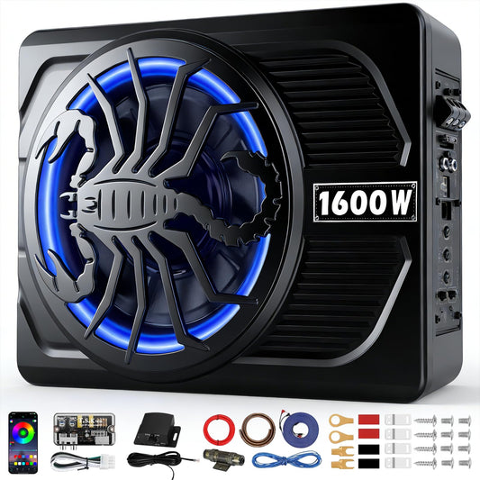 SUBPULSIX 1600W Slim Underseat Car Subwoofer and Amp Package, Powered Under Seat Subwoofer with Built-in Class D Amplifier, Subsonic Deep Bass, DSP Noise Reduction, Cast Aluminum, for Truck/SUV/Sedan