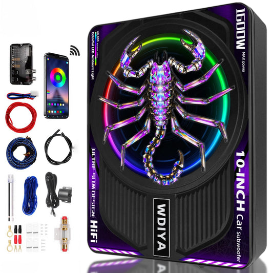 WDiYA Upgraded 1600W 10" Slim Under Seat Subwoofers with Amp & LED Ambient Lights for Truck/Car - Deep Bass, Individual Controls (LPF/Gain/Bass Boost), High Output Distortion-Free Audio