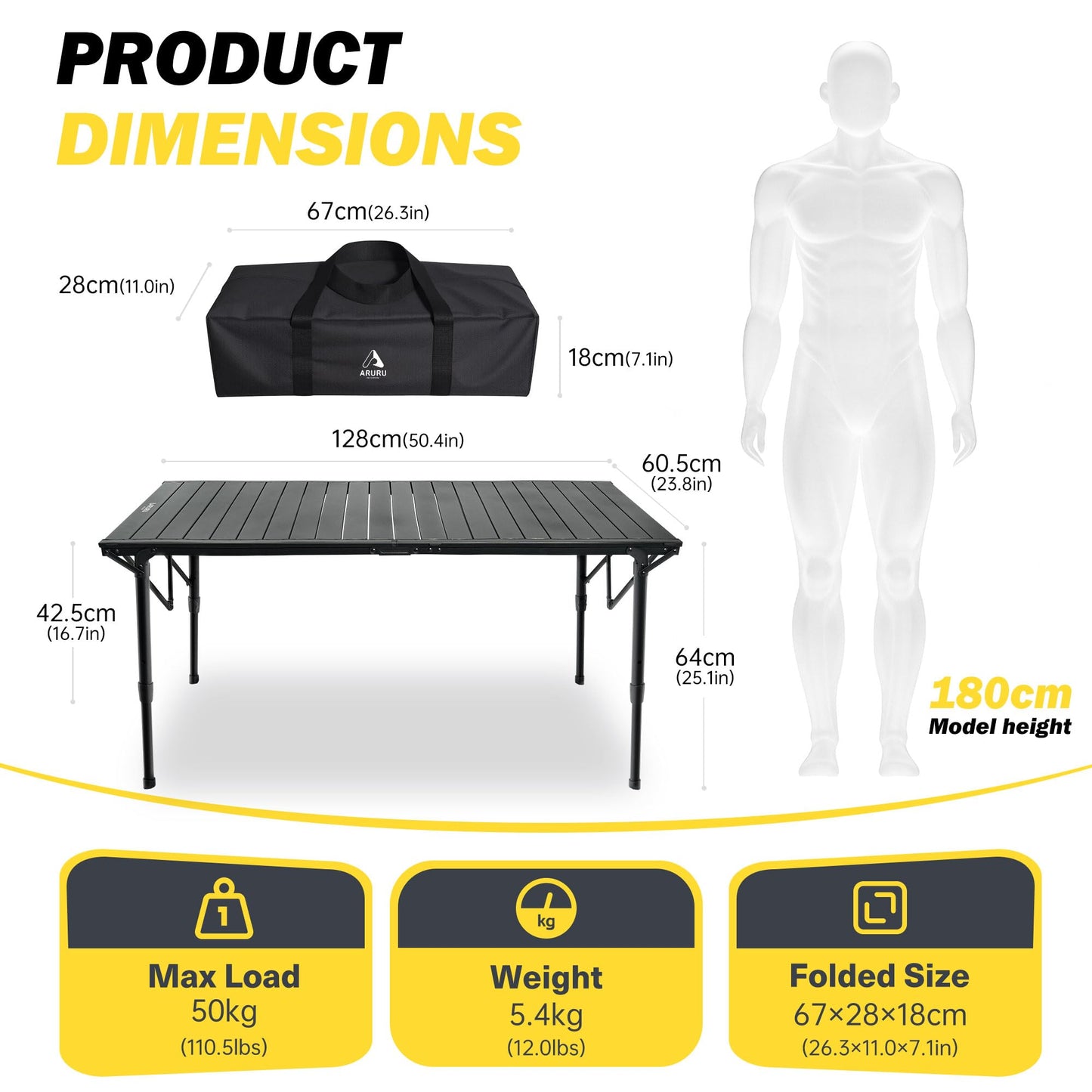 ARURU 50" Large Folding Camping Table with Adjustable Hight Legs for 2-6 People - Heavy Duty Foldable Camp Table with Roll-Up Aluminum Picnic Table, Portable Outdoor Table for Cooking,Beach,BBQ,Party