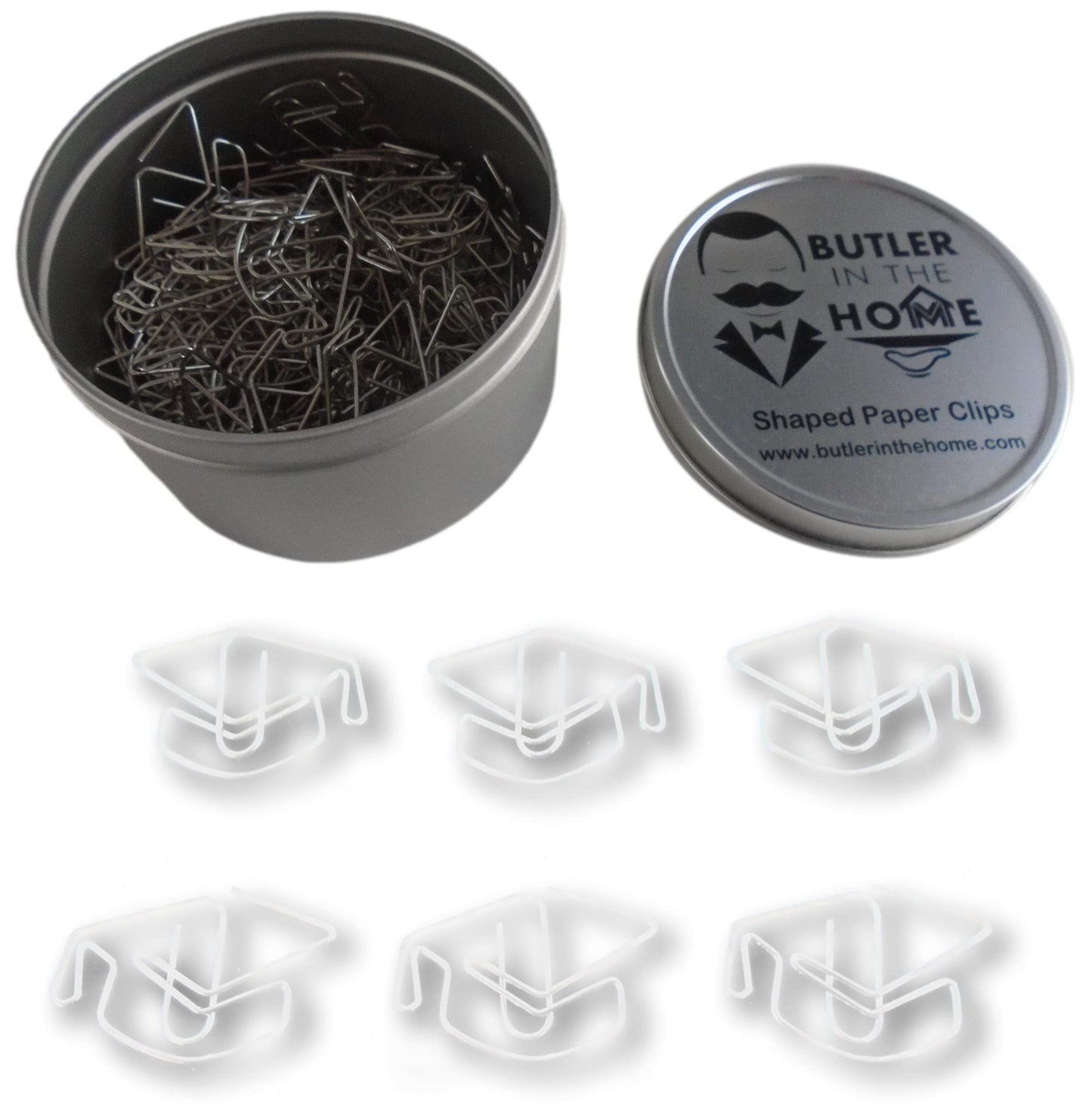 Graduation Cap Shaped Paper Clips 100 Count – Silver Decorative Paper Clips in Tin – Graduation Party Favors, Desk Accessories – Butler in the Home