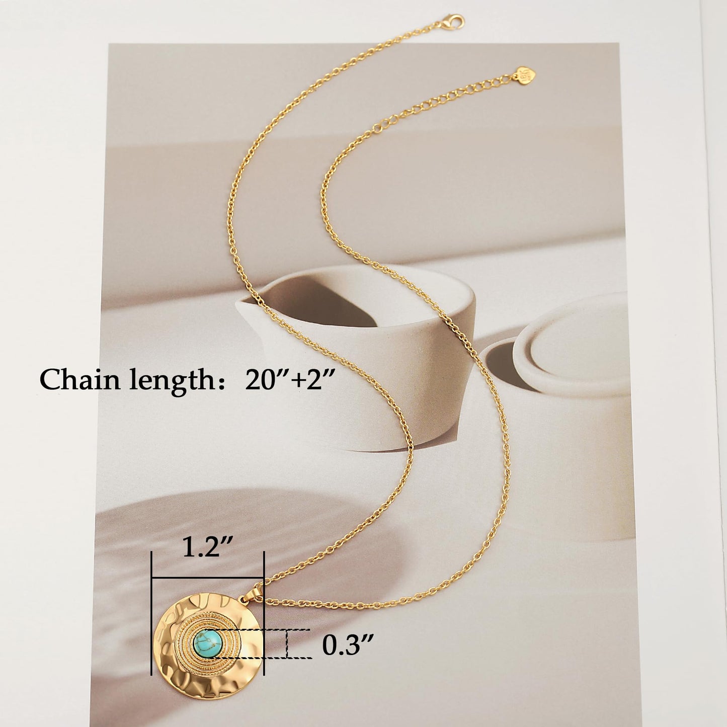 CANEVINKA 18K Gold Plated Bohemian Turquoise Pendant Necklace for Women Hammered Texture Coin Necklace Jewelry