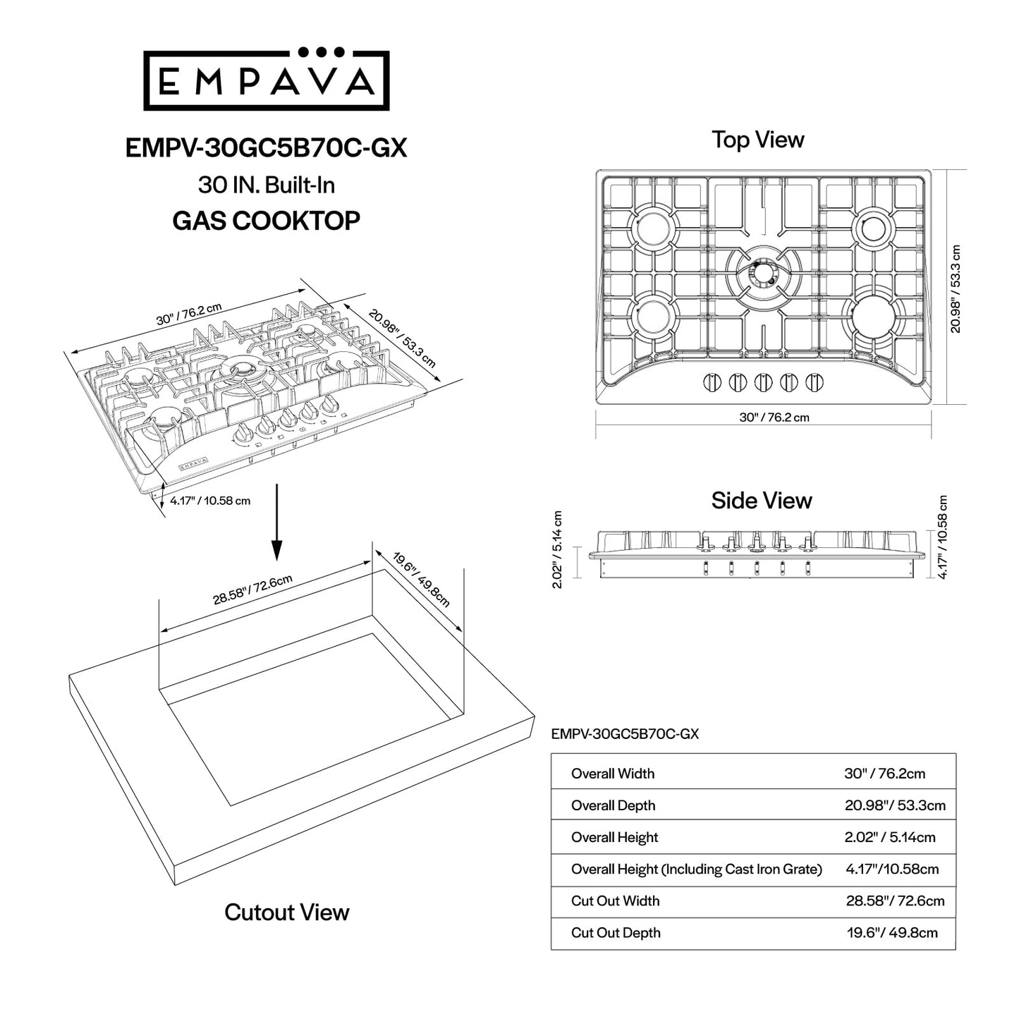 Empava 30 Inch Gas Cooktop with 5 World Class Made in Italy SABAF Burners, LPG/NG Convertible, Ideal RV Top Stoves for Kitchen, Stainless Steel