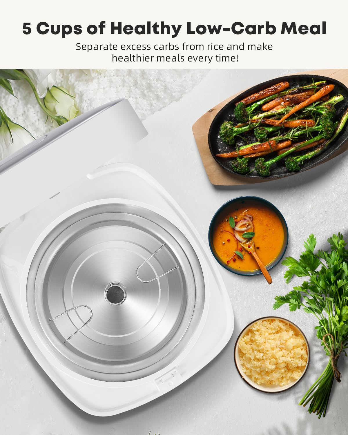 Novaspark Low Carb Rice Cooker Stainless Steel Inner Pot, Mini Stainless Steel Rice Cooker Small 5 Cup, LED Display Low Sugar Rice Maker, 24H Timer and Auto Keep Warm, White Rice/Porridge/Oatmeal, White