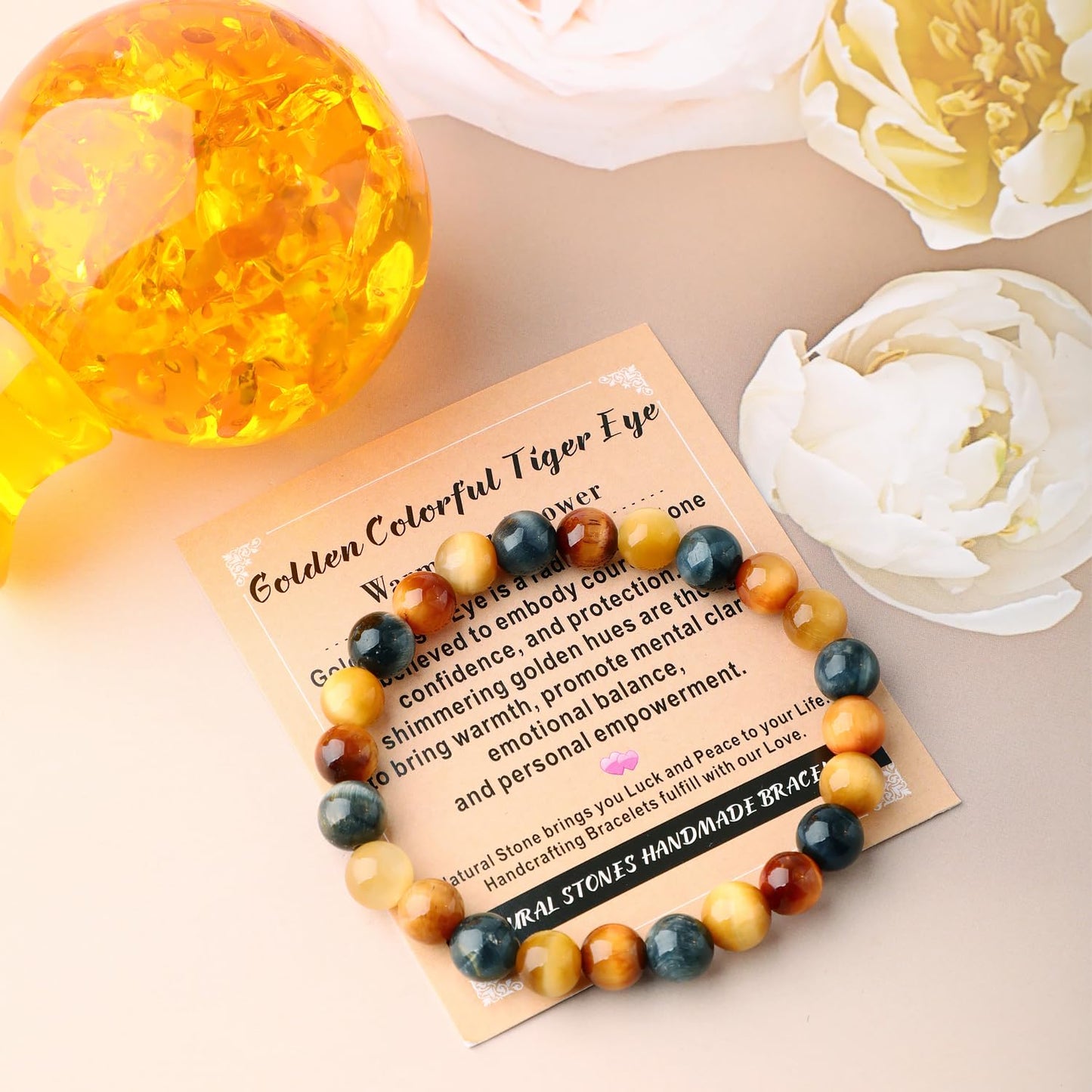 AD Beads 4mm Handmade Golden Colorful Tiger Eye Elastic Bracelet – Natural Gemstone for Warmth and power – Meditation, Yoga, Healing and Energy Gift for Men Women