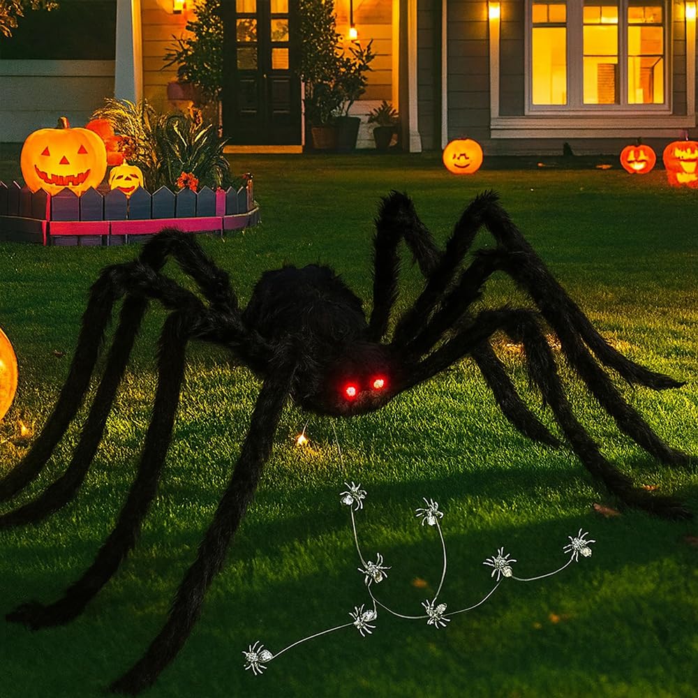 GHYKL Halloween Giant Spider 5 Ft Outdoor Halloween Decorations Large Fake Hairy Spider Scary Furry Spider Props Outside Yard Creepy Decor, Black