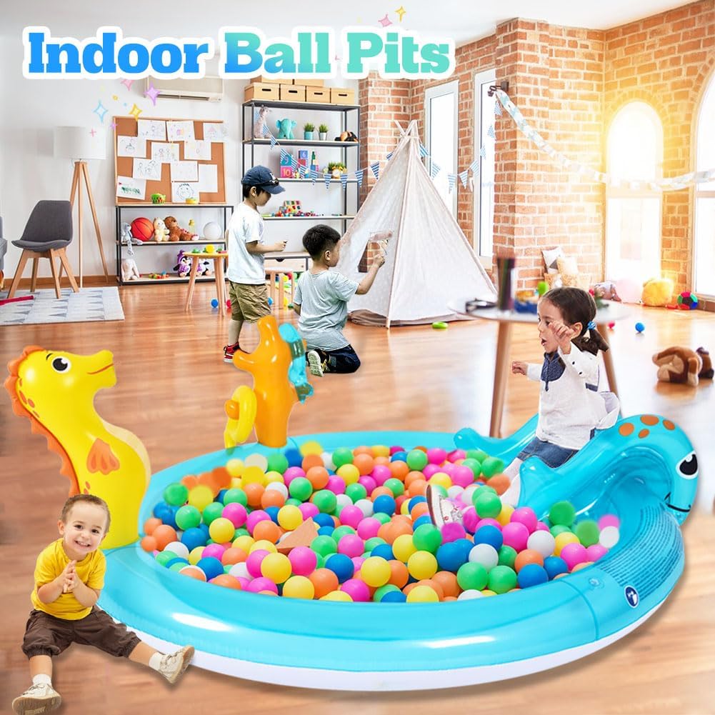Inflatable Sea Animal Play Center, Inflatable Kids Swimming Pool with Water Slide, Water Sprayer, Sea Spray Kiddie Pool for Kids Children Summer Outdoor Splash, Backyard Garden Water Park