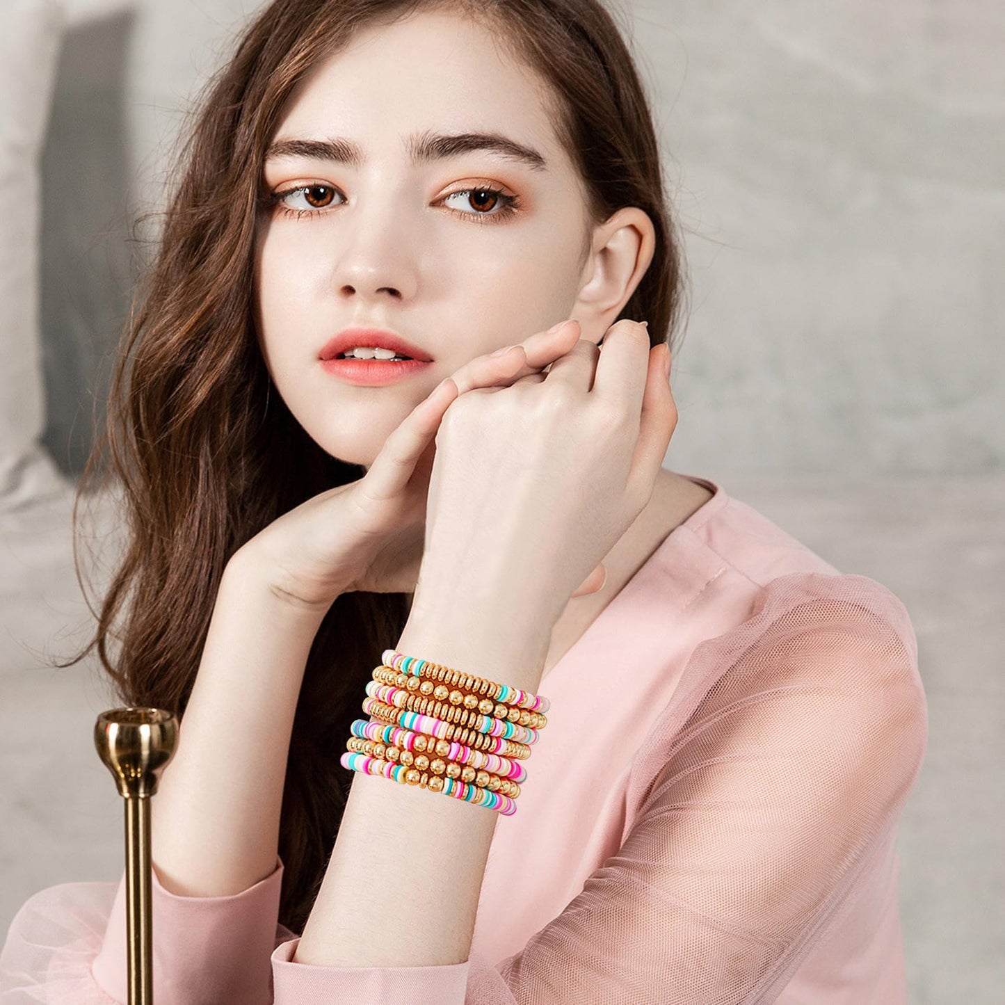 GOOJIDS Surfer Heishi Clay Bead Bracelets for Women Bohemian Stackable Gold Plated Beaded Stretch Bracelets Elastic Layering Friendship Bracelets Set Boho Jewelry (F-Pink Multicolor Set)